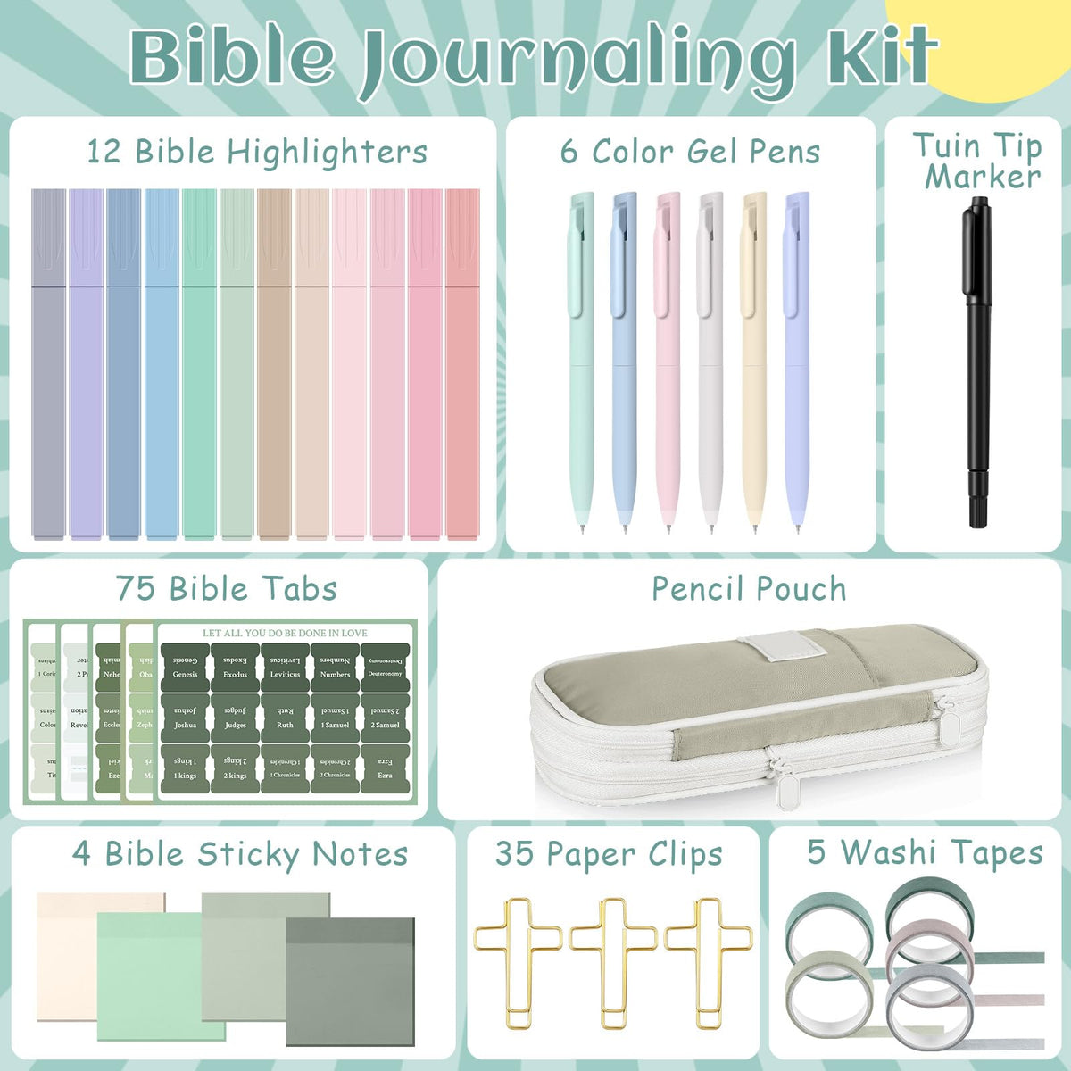 Dunzoom 137 Pcs Bible Study Supplies Journaling Kit 1 Pencil Case 12 Highlighters 4 Sticky Notes 6