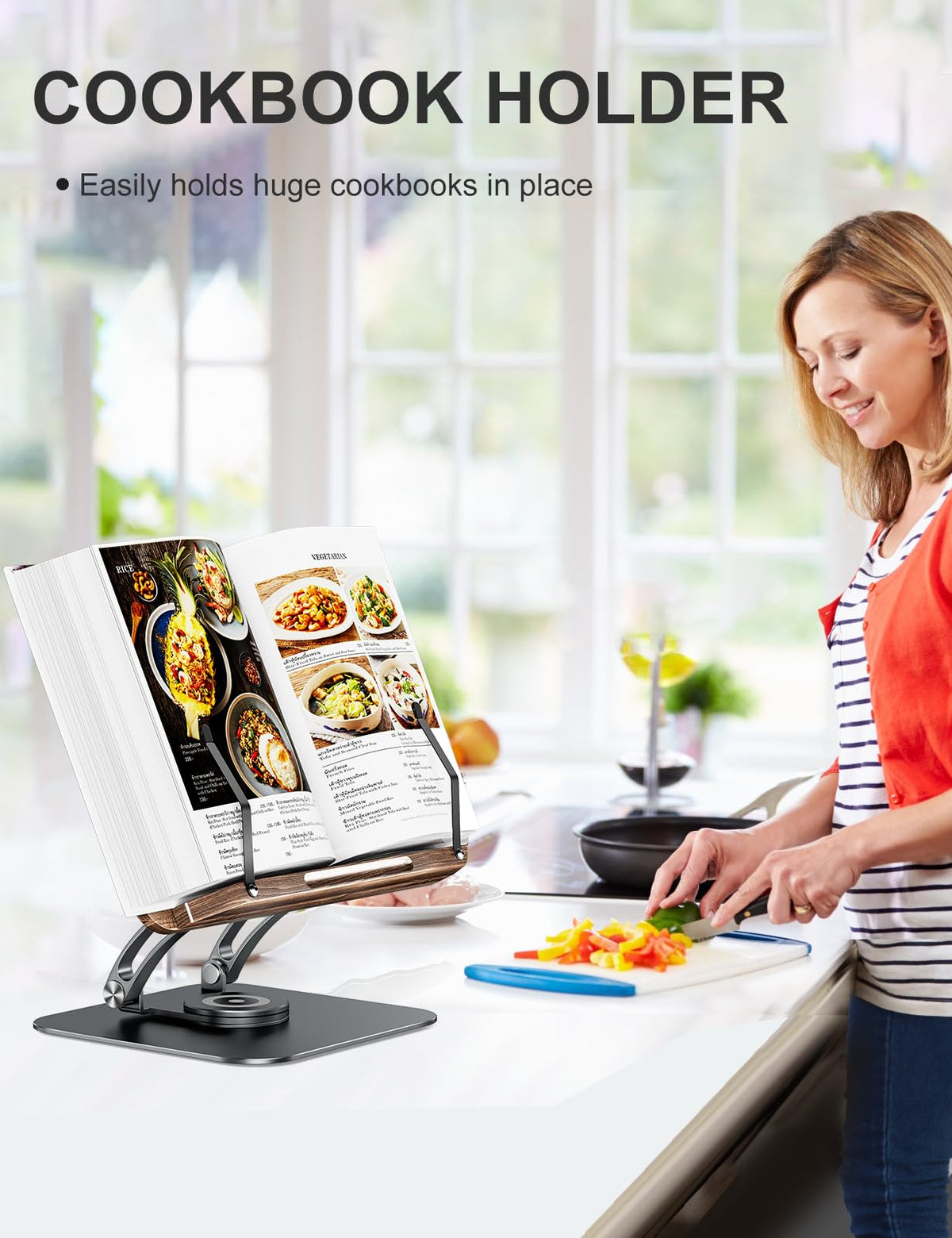 Tounee Book Stand for Reading, Adjustable Book Holder with 360° Swivel Base, Foldable Cookbook