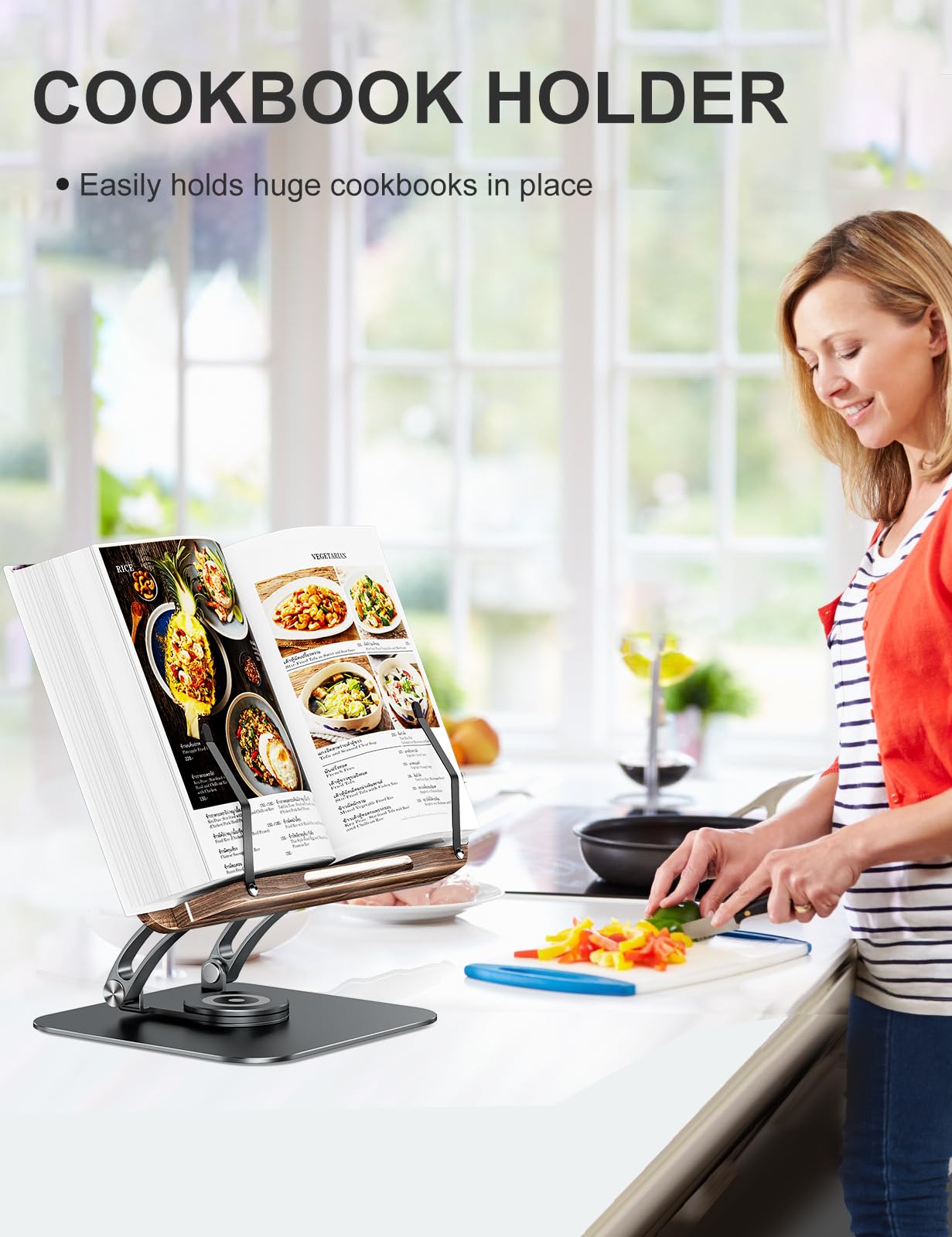 Tounee Book Stand for Reading, Adjustable Book Holder with 360° Swivel Base, Foldable Cookbook
