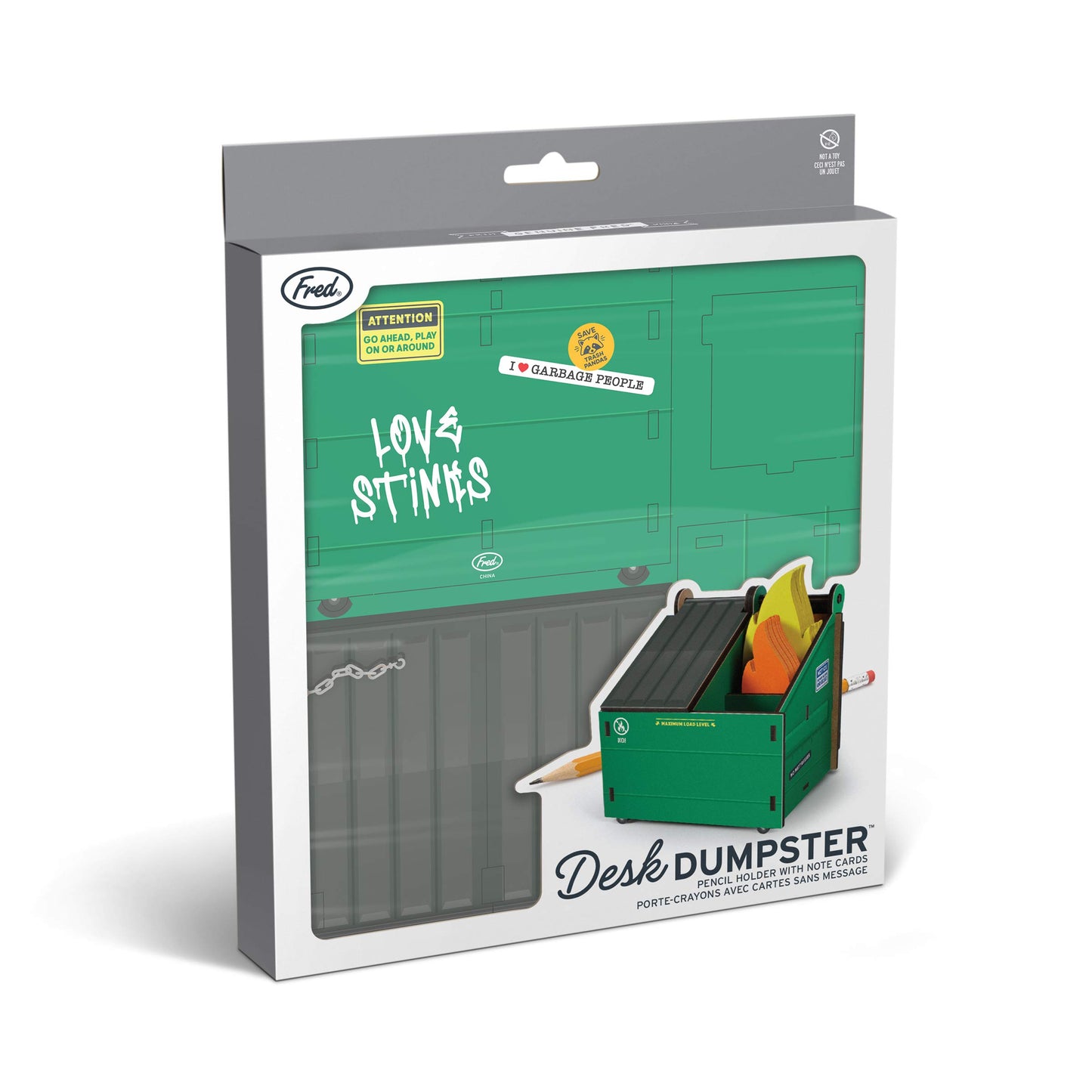 Genuine Fred Desk Dumpster Pencil Holder with 100+ Flame Note Cards, Funny 3-Compartment Organizer