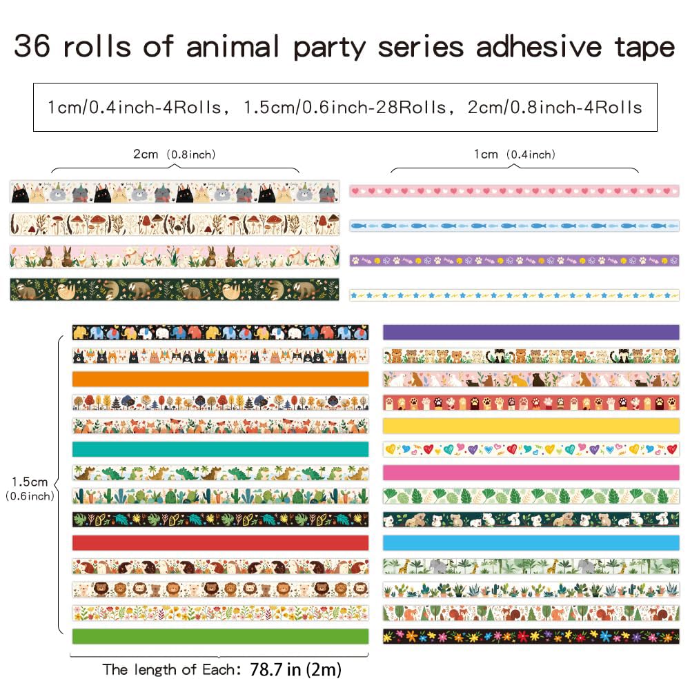 icceemee 36 Rolls Animal Theme Washi Tape Set, Colorful Cute Adorable Animals Writable Decorative