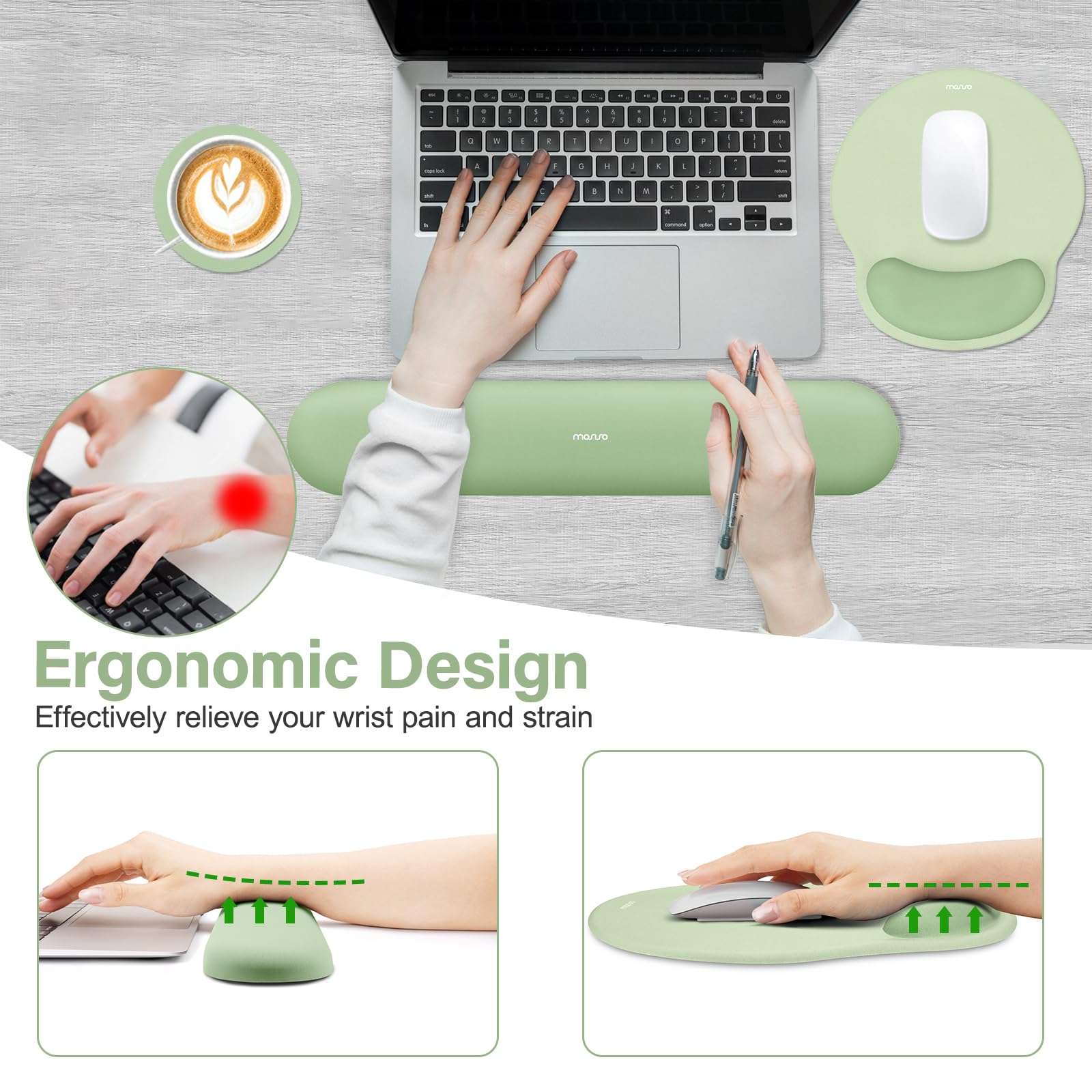 MOSISO Wrist Rest Support for Mouse Pad&Keyboard Set, Laurel Green