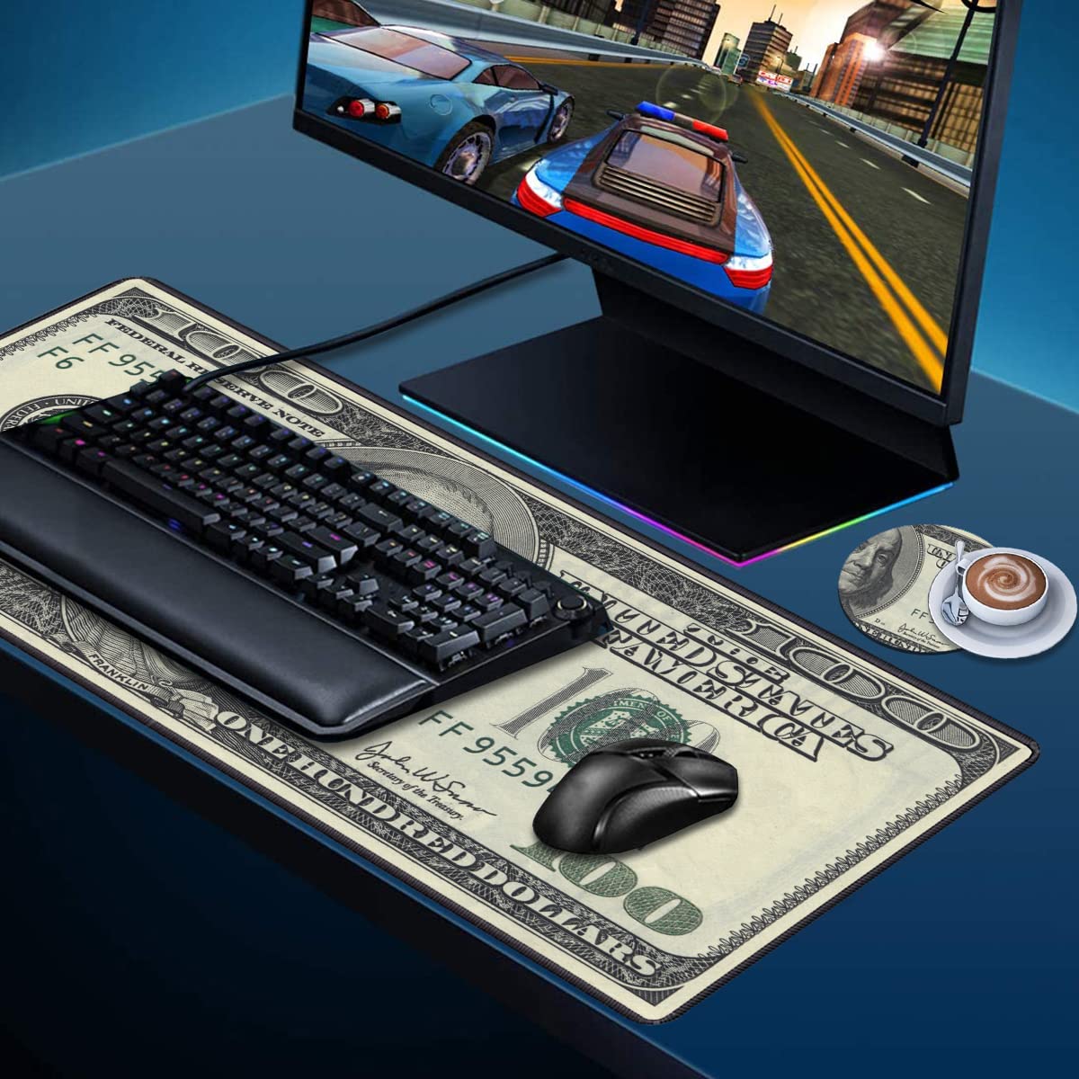 Desk Pad Mat Gaming Mouse Pads with Coasters, 31.5"x 11.8" XXL Large Big Computer Keyboard Mouse