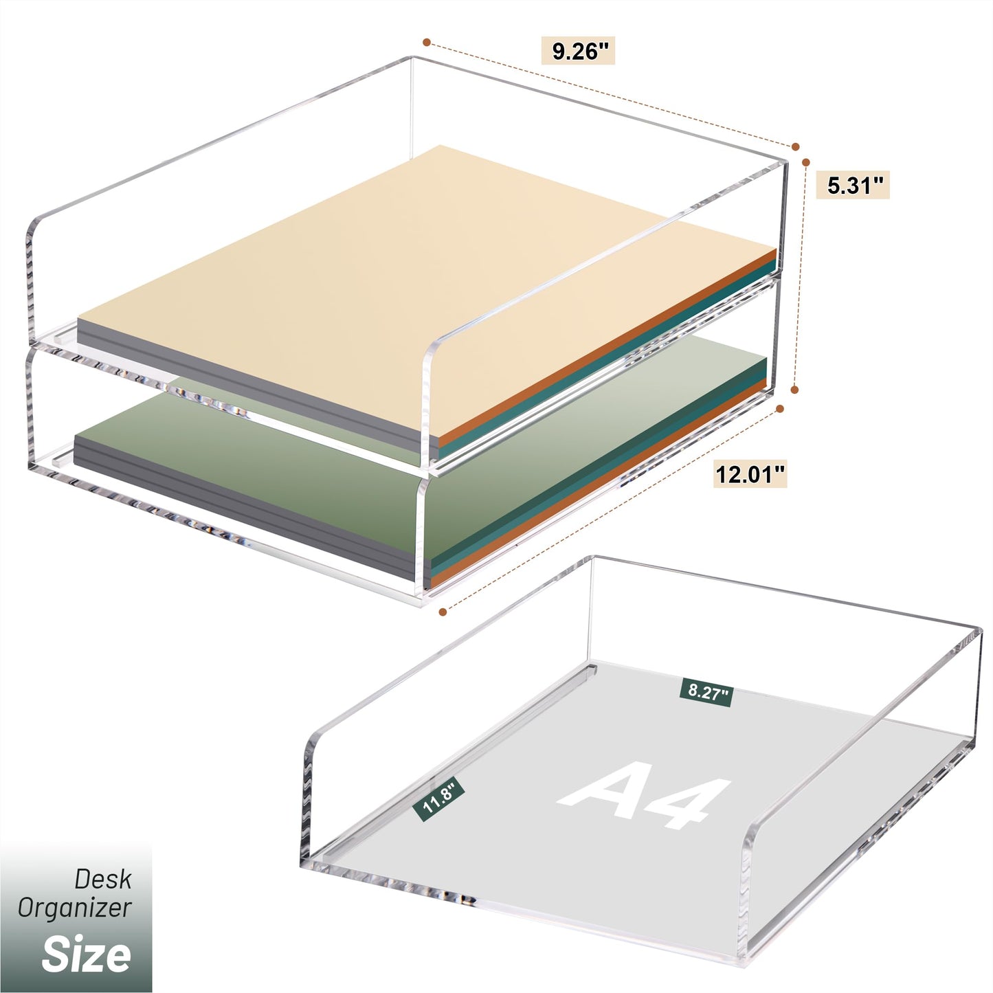 HeZone Paper Organizer Letter Tray, Clear Acrylic Paper Tray, School Teacher Office Supplies