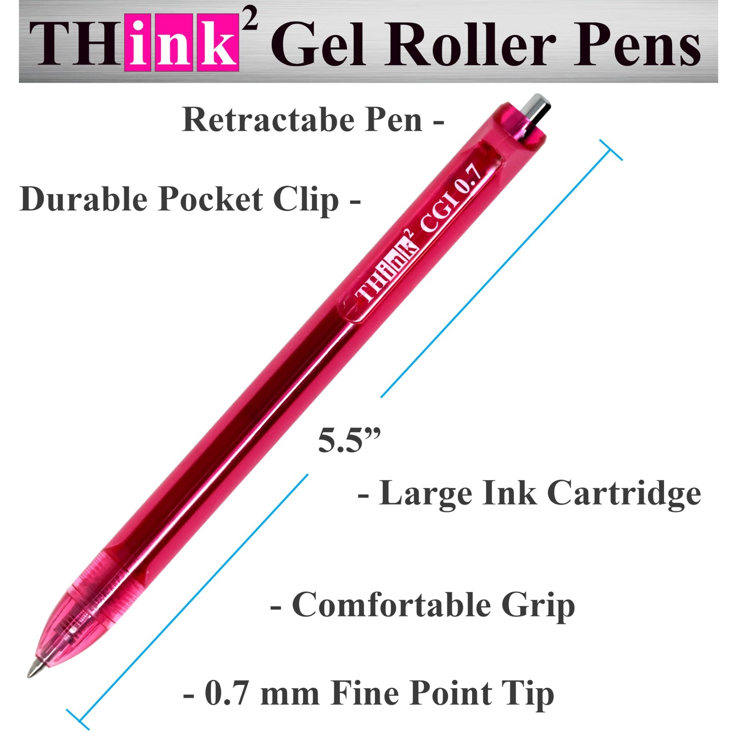 [24 Pens - Pink Ink] Think2 0.7mm CGI Retractable Gel Pens. (24 Pink) Medium Point Rollerball Pens