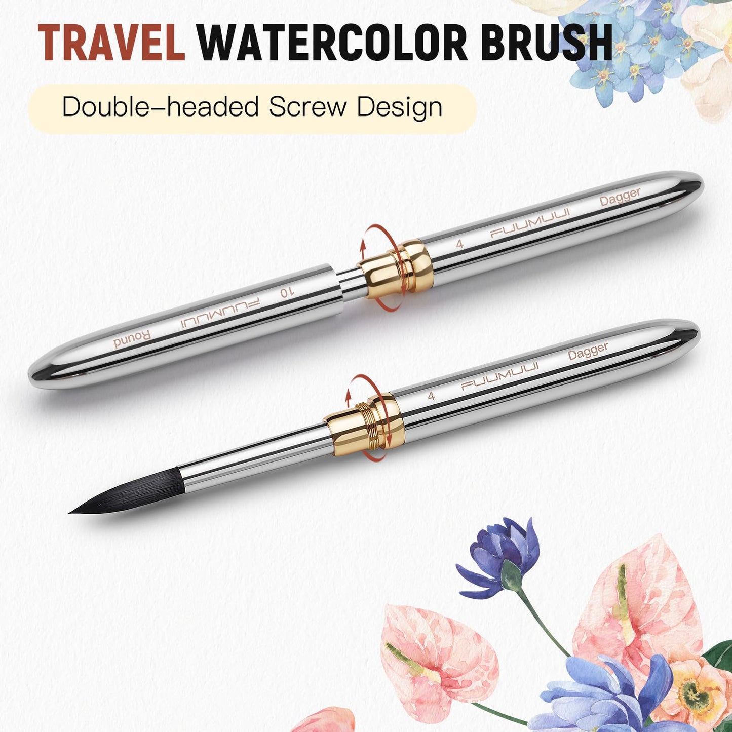 Fuumuui 3pcs Dual-Tip Travel Watercolor Brushes with 6 Versatile Tip Styles, Premium Synthetic