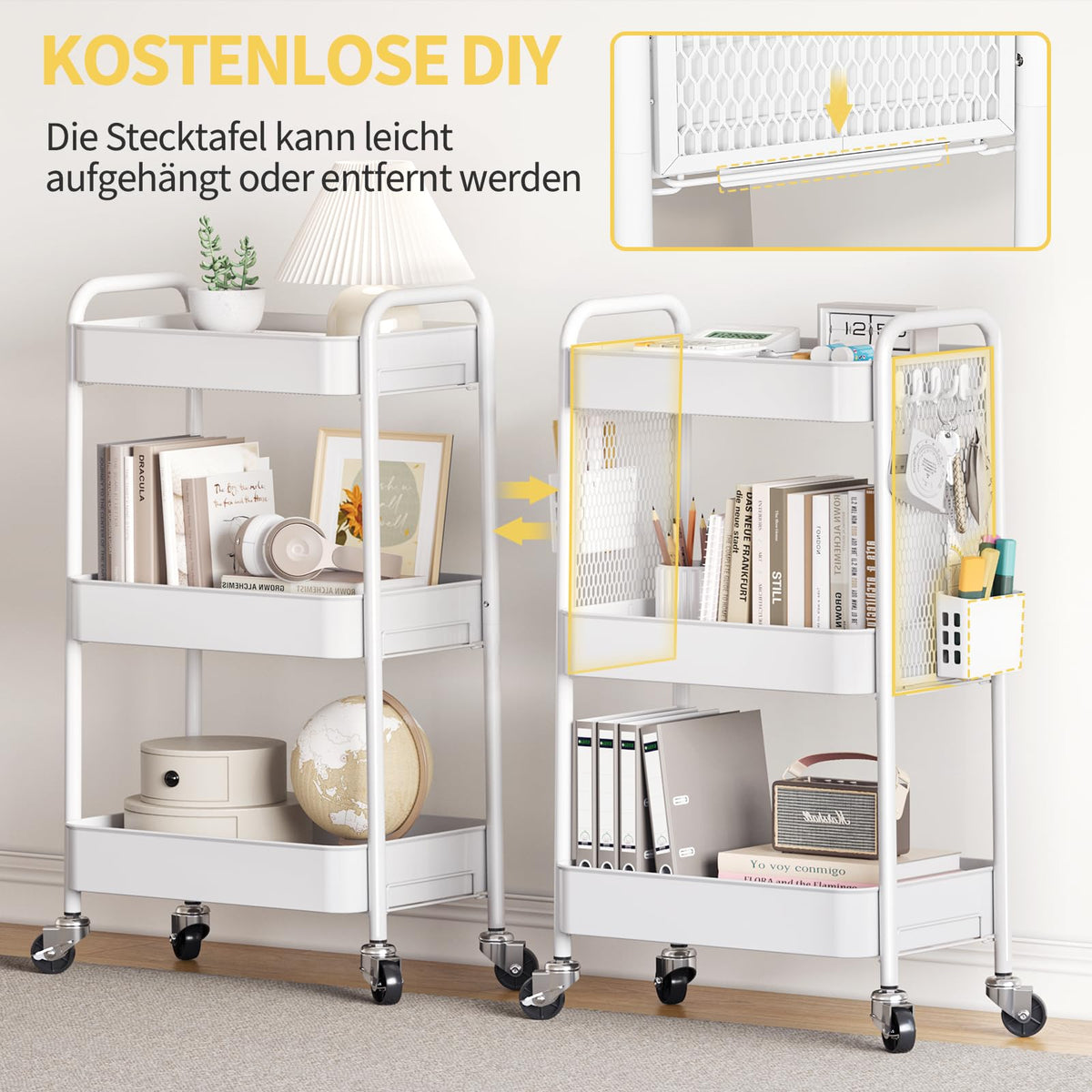 Urackify 3 Tier Storage Trolley on Wheels, White