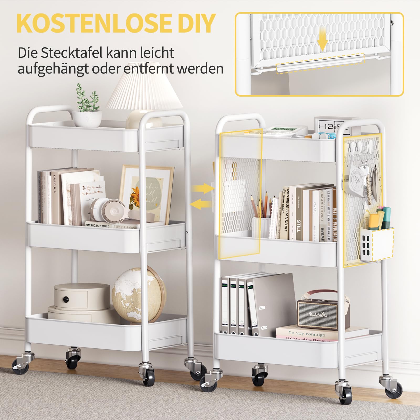 Urackify 3 Tier Storage Trolley on Wheels, White