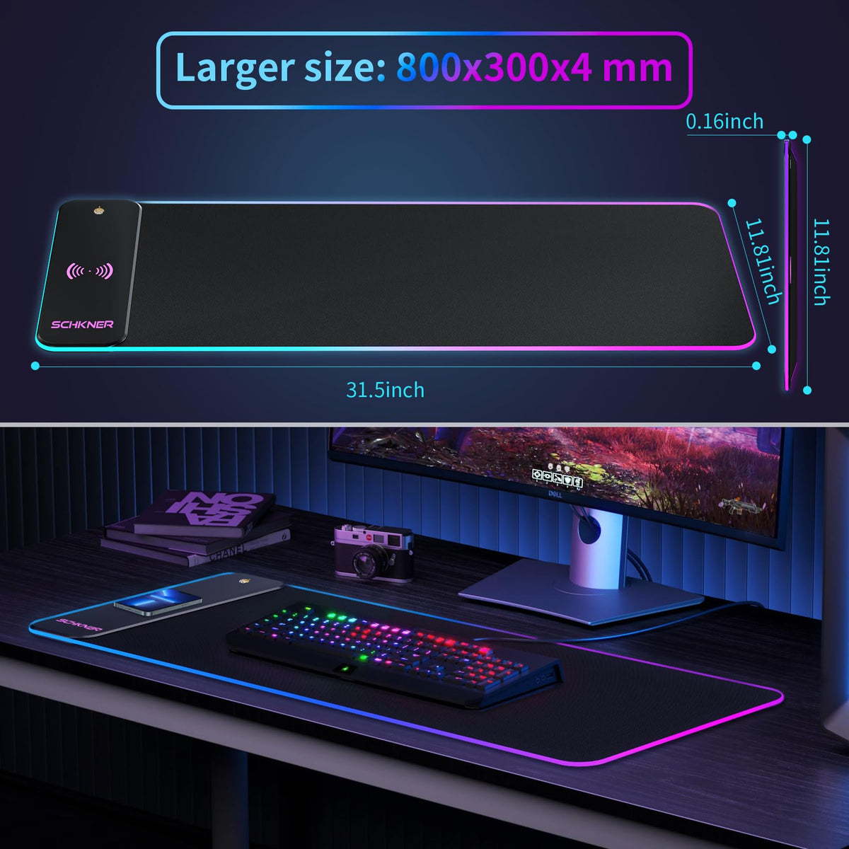 Schkner RGB Gaming Mouse Pad with Wireless Charging 15W, Large Desk Mat 800x300x4mm, 10 Light Modes