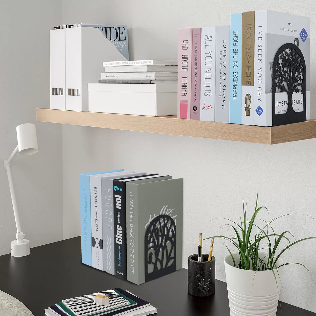 Tree Bookends 10 Pack Black Metal Heavy Duty Book Supports for Shelves | Black Metal, Tree