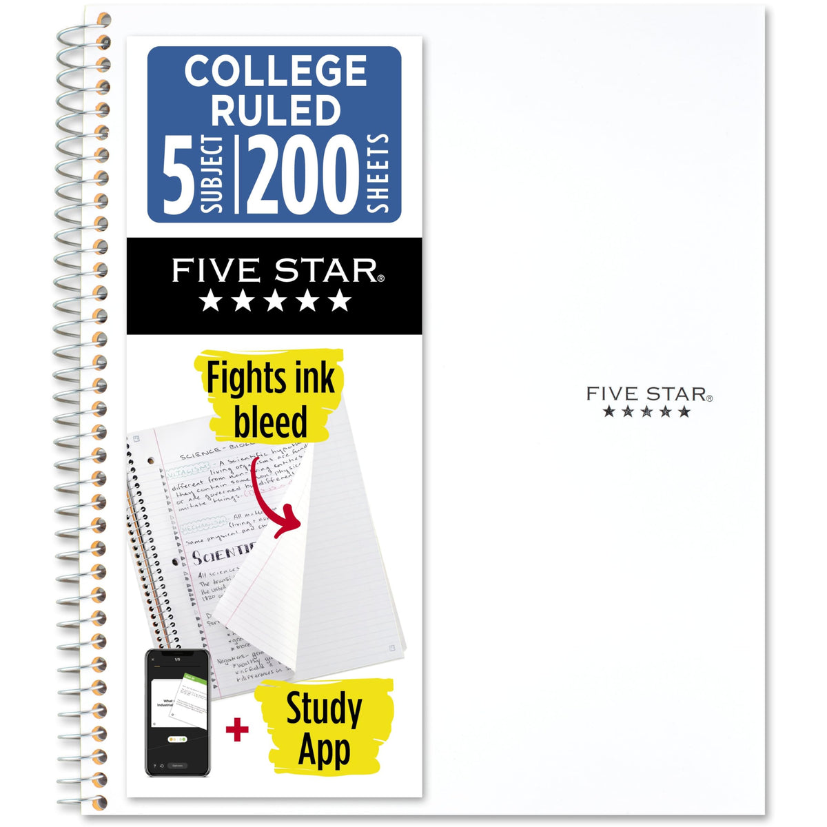 Five Star Spiral Notebook + Study App, 5 Subject, College Ruled Paper, 8-1/2" x 11", 200 Sheets
