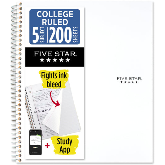 Five Star Spiral Notebook + Study App, 5 Subject, College Ruled Paper, 8-1/2" x 11", 200 Sheets