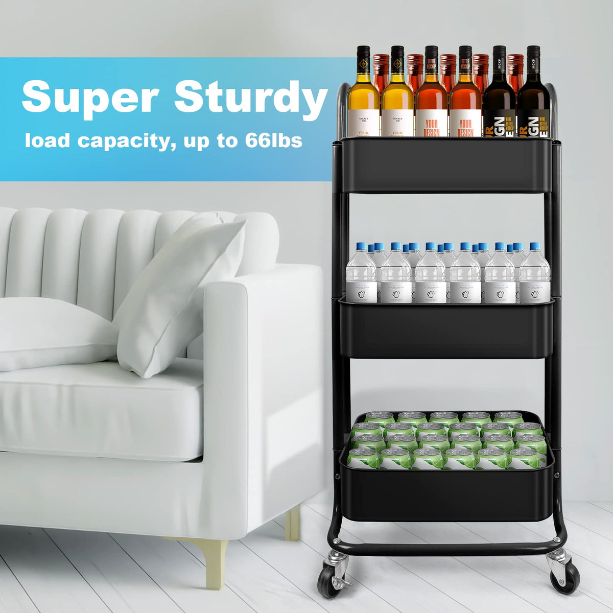 Homchwell 3 Tier Metal Utility Rolling Cart with Lockable Wheels, Multifunction Movable Storage