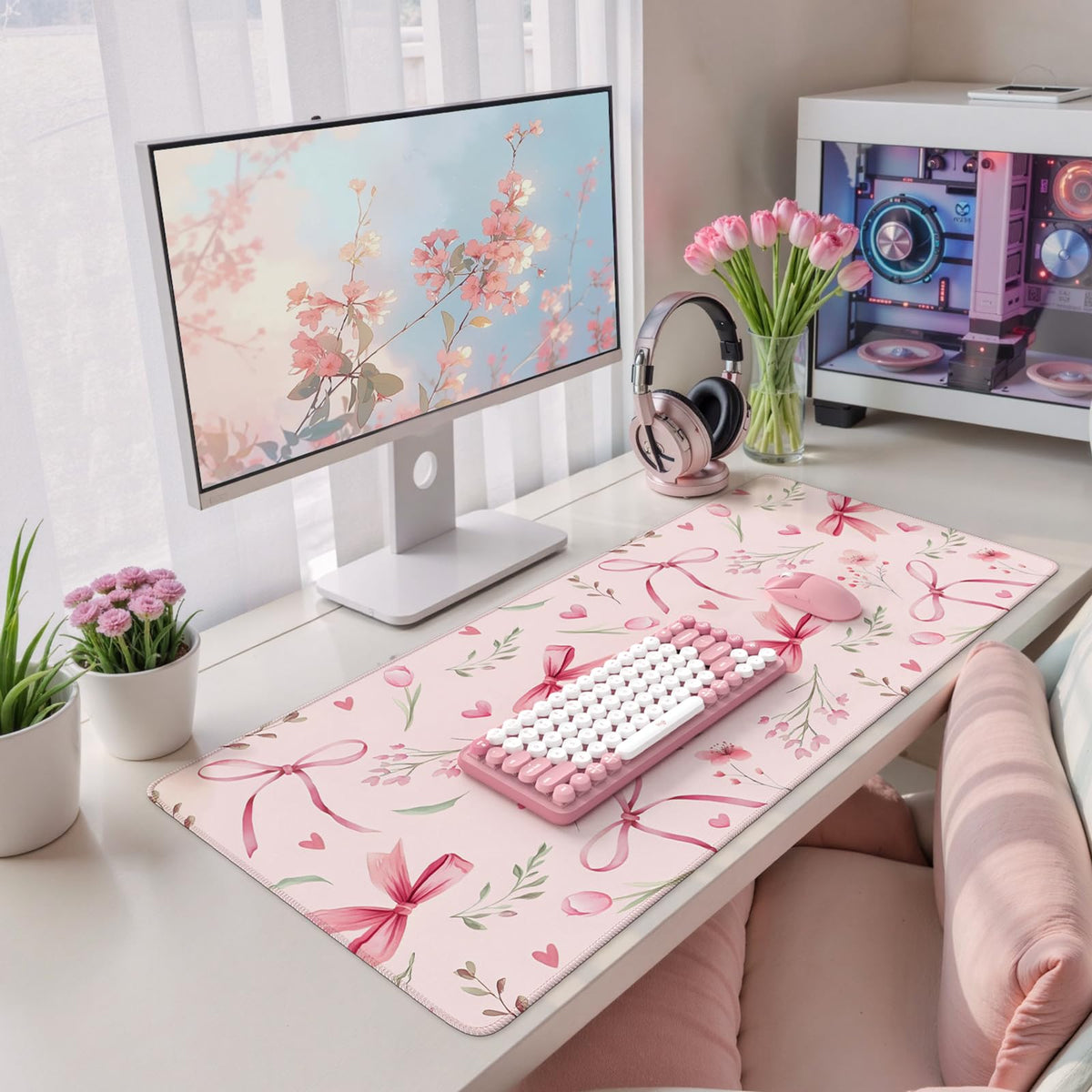 HAOCOO Pink Coquette Desk Mat, 35.4" x 15.7" Mousepad for Office Aesthetics