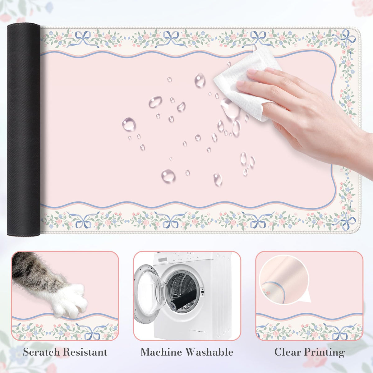 HAOCOO Girly Pink Desk Blotter, 35.4" x 15.7" Computer Mat for Vanity Decor