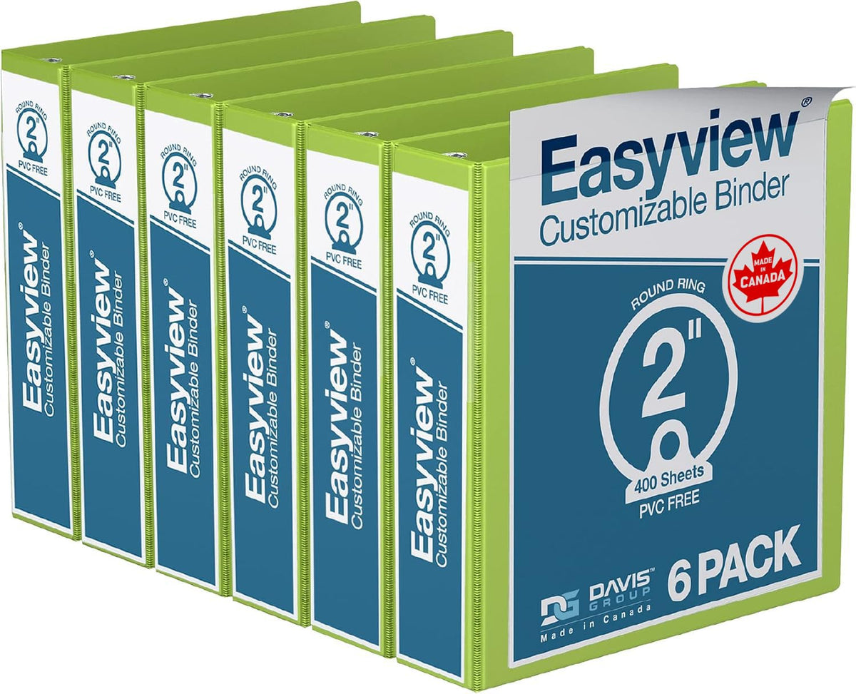 Easyview 3-Ring Binder, Clear-View Cover, 2" Round Rings, Lime Green, 6 Pk