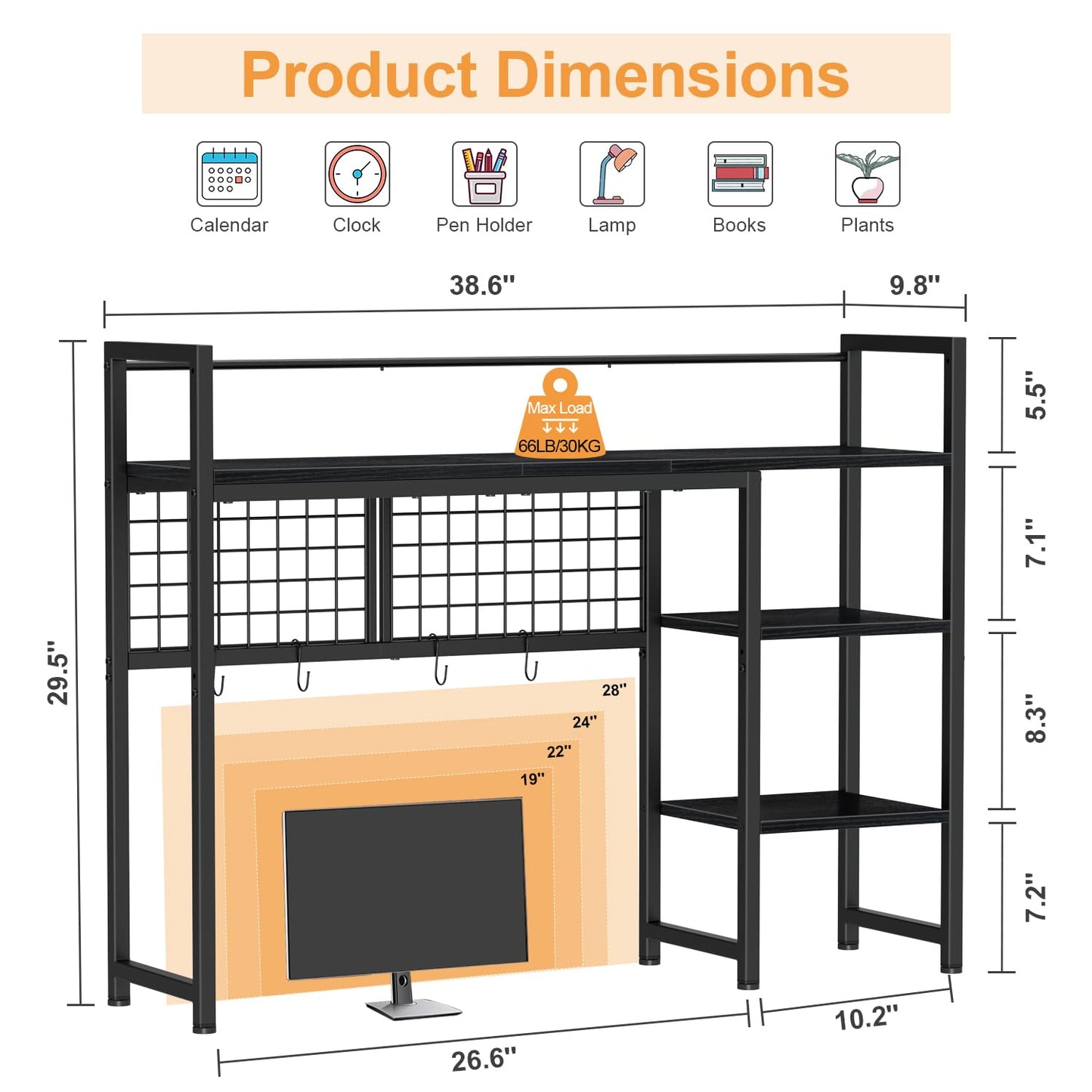 Snughome Desk Shelf, 38.6" Desktop Organizer Shelf, Desk Hutch for Computer Monitor, 4 Tier Desk