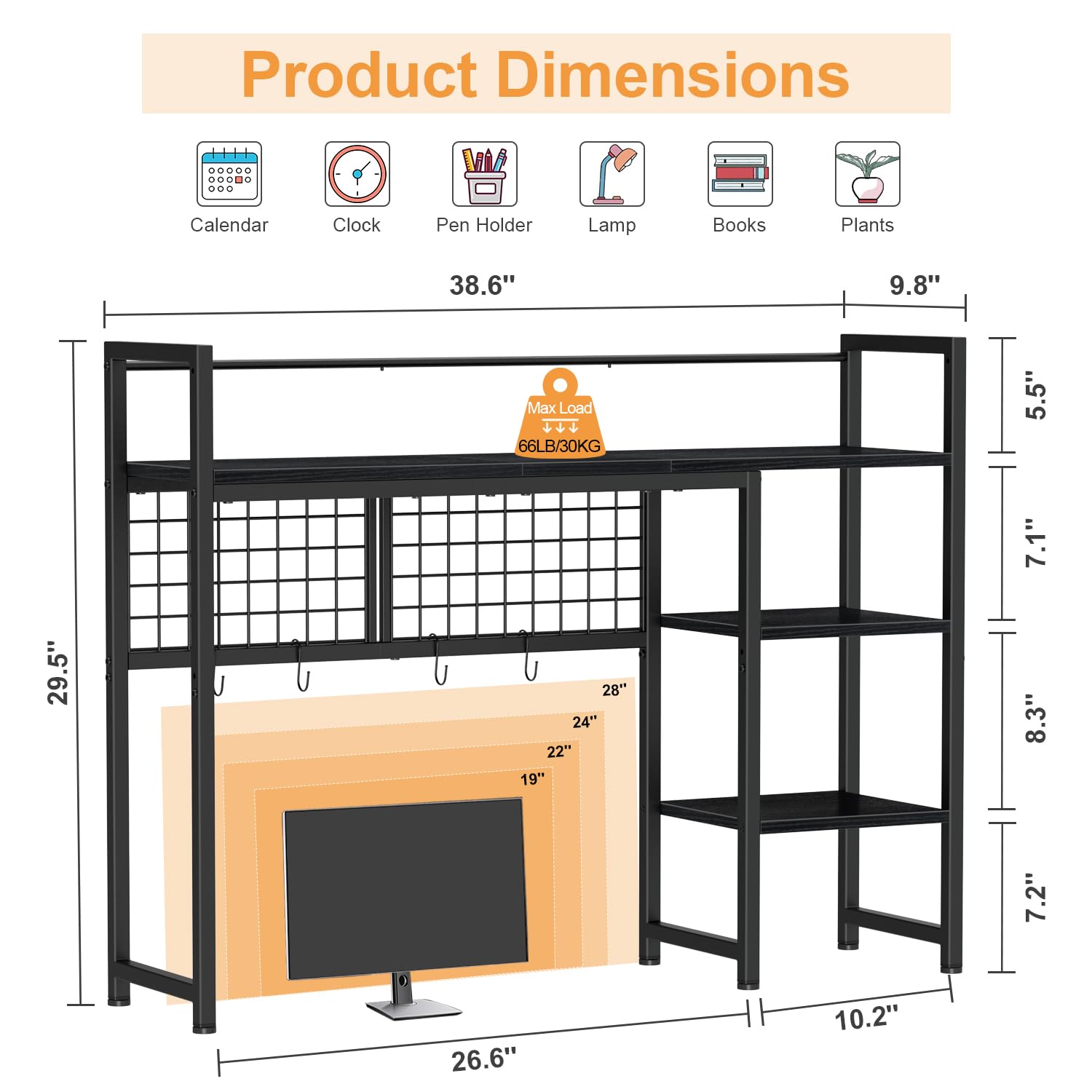 Snughome Desk Shelf, 38.6" Desktop Organizer Shelf, Desk Hutch for Computer Monitor, 4 Tier Desk
