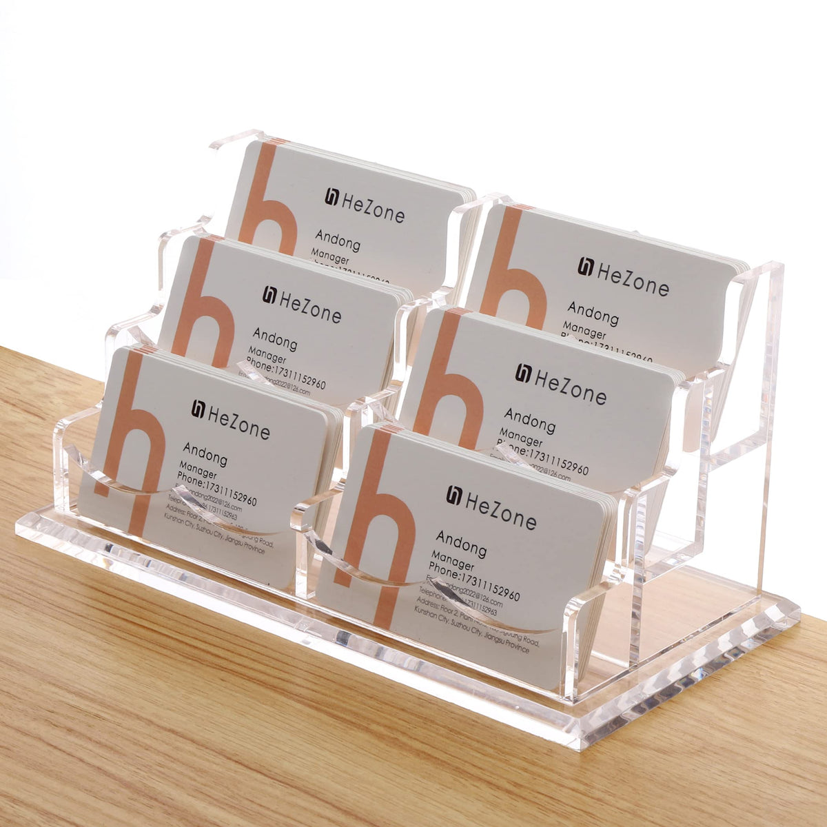 HeZone Business Cards Holder Display for Desk, Clear Acrylic Multiple 3 Tier 6 Slot Business Card