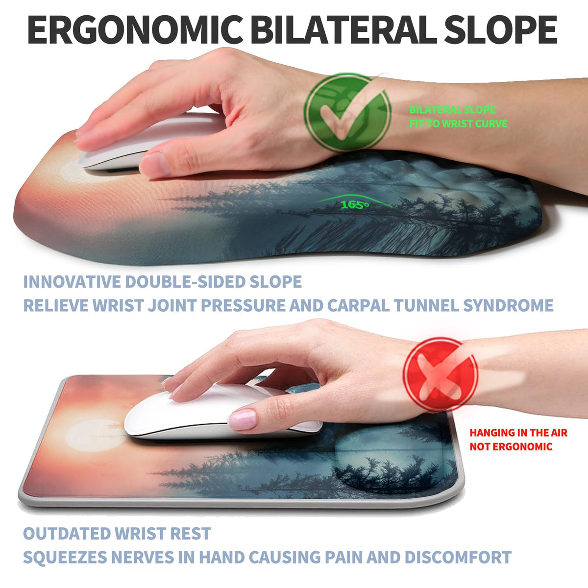 Gleamtide Ergonomic Raised Mouse Pad Wrist Support with Bilateral Slope Memory Foam Mousepad for