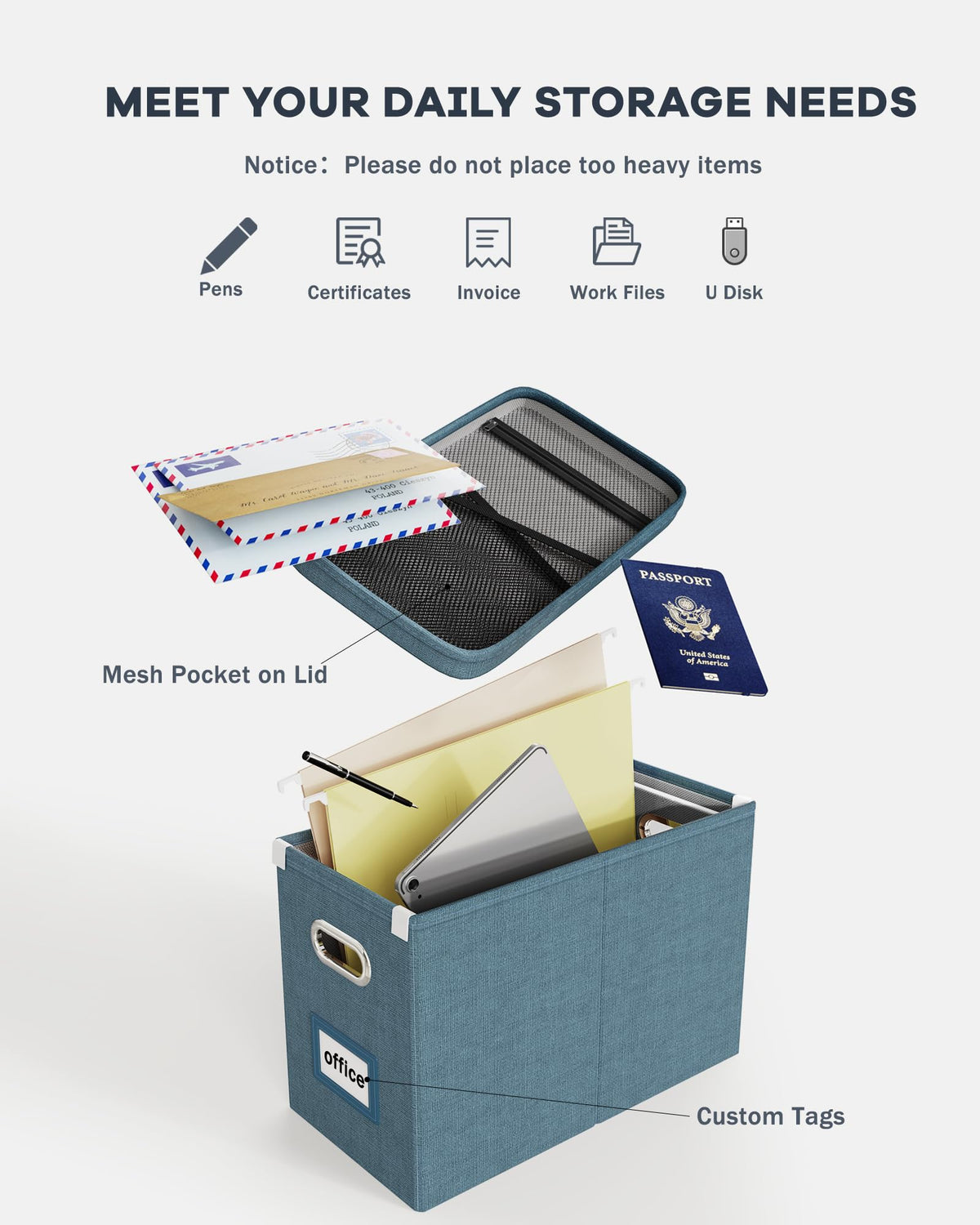 Oterri File Organizer with Lid, Hanging Filing Box with Mesh Pocket, Document Organizer for Letter