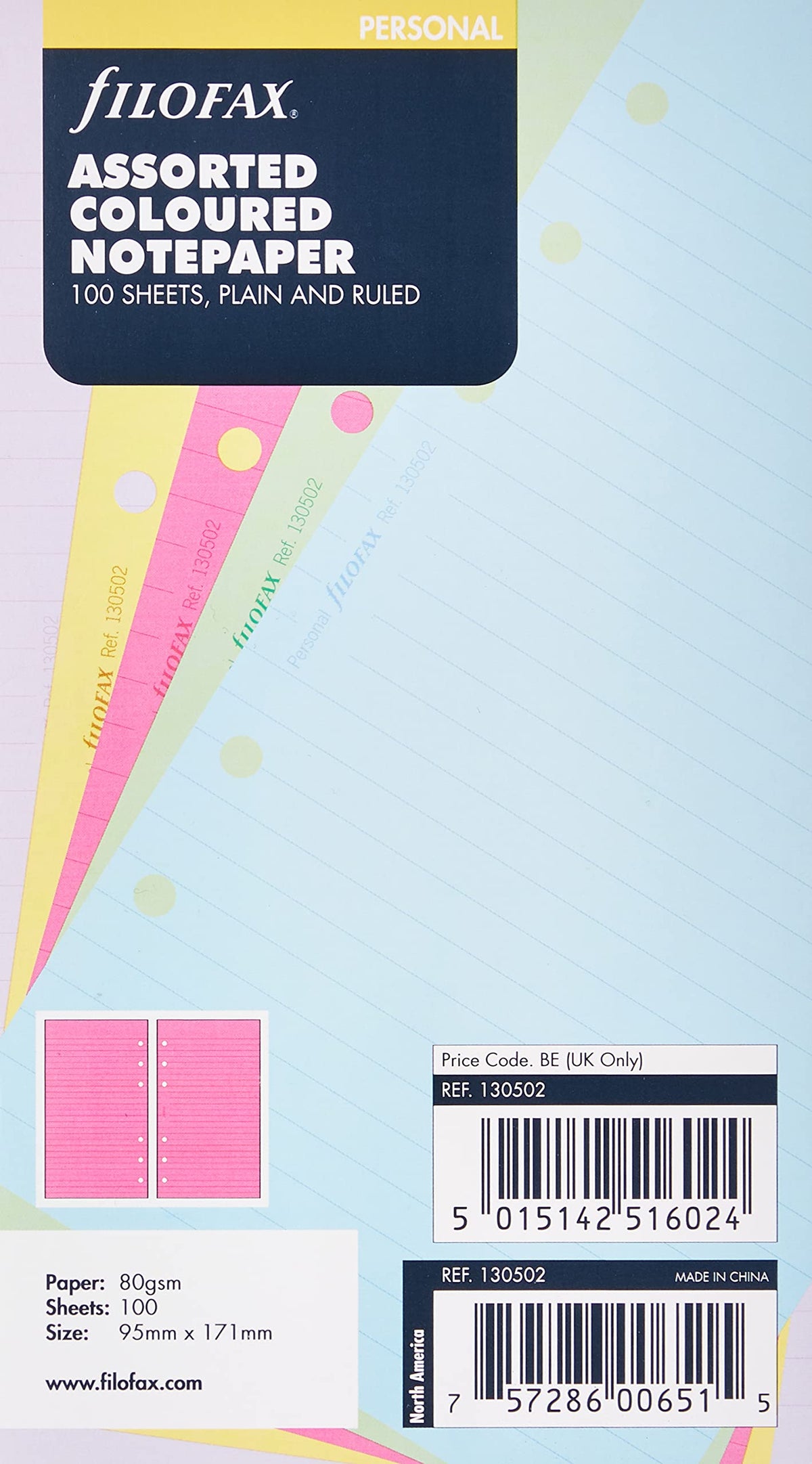 Filofax Personal Assorted Coloured Notepaper Plain and Ruled Value Pack 100 Sheets (95mm X 171mm)
