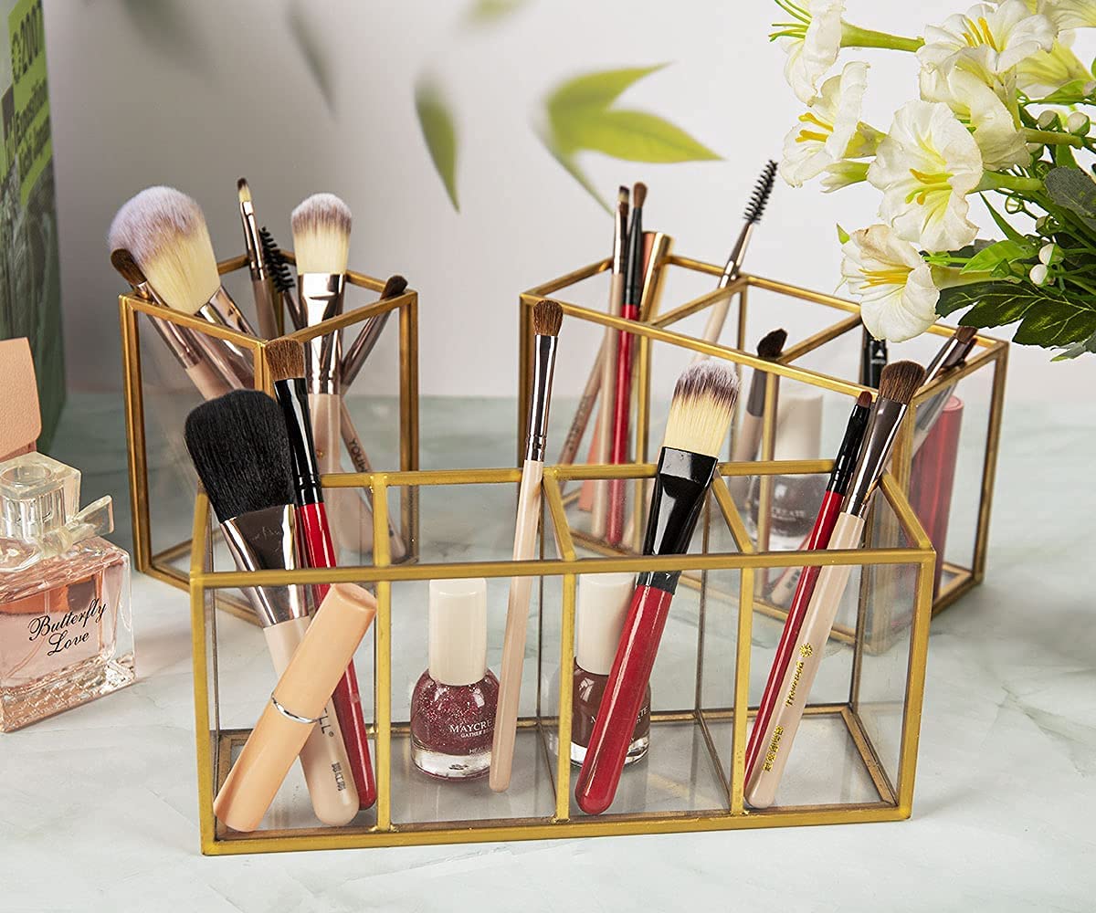 NIUBEE Acrylic Pen Holder 3 Compartments, Gold Pencil Organizer Cup for Countertop Desk Accessory