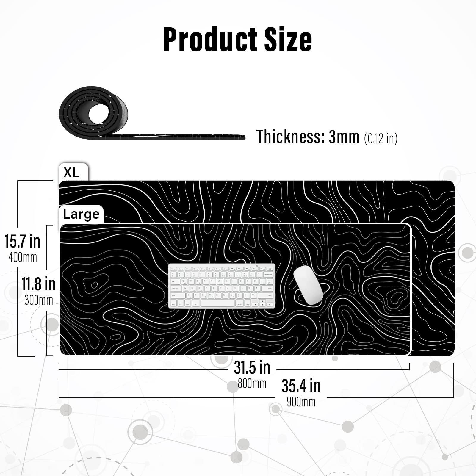 Ovenbird Extra Large Mouse Pad, Extended Topographic Map Gaming Mousepad with Non-Slip Base &
