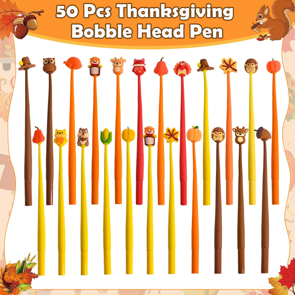 LiYiQ 50 PCS Thanksgiving Stress Relief Bobblehead Pens Maple leaves Pumpkins Scarecrows Turkeys