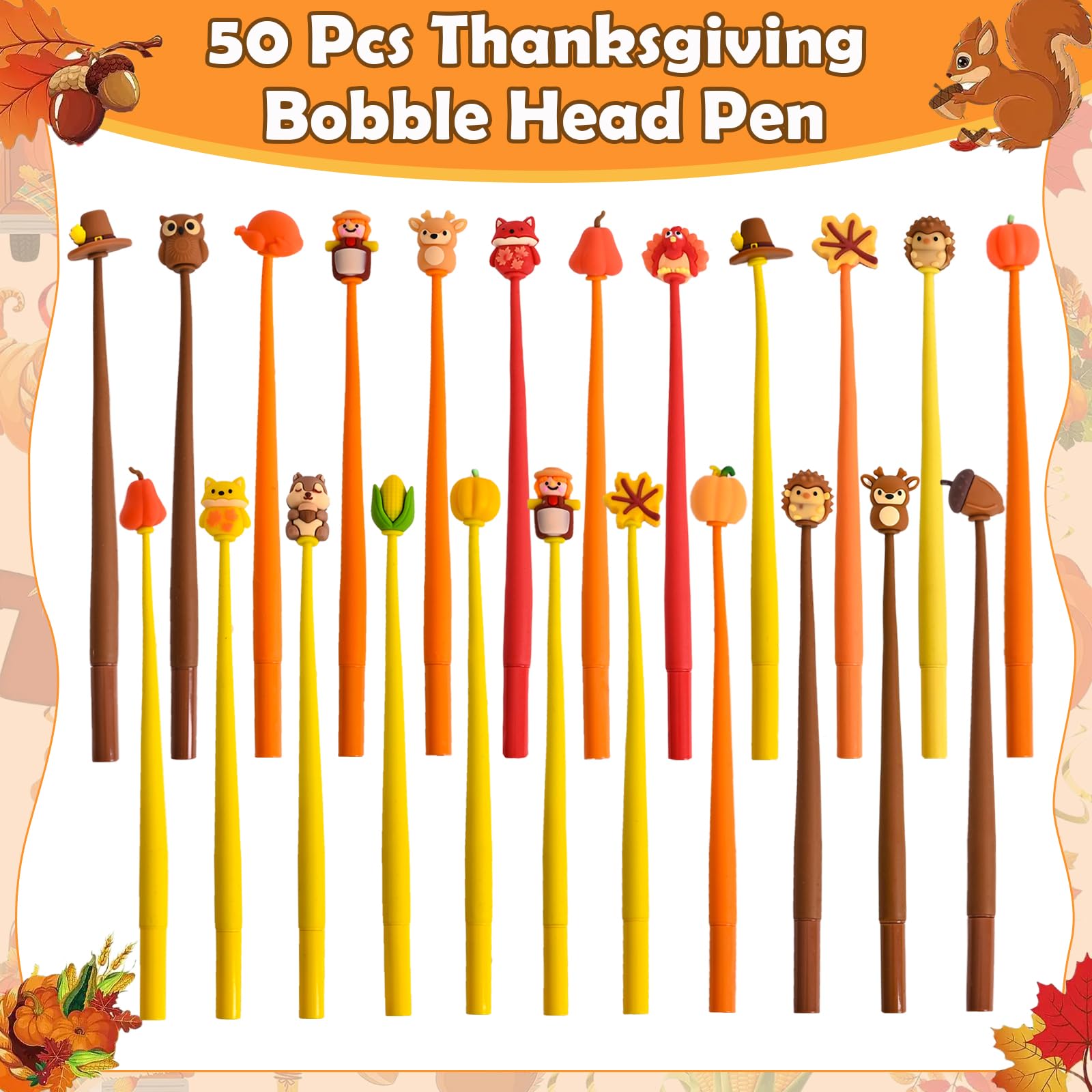 LiYiQ 50 PCS Thanksgiving Stress Relief Bobblehead Pens Maple leaves Pumpkins Scarecrows Turkeys