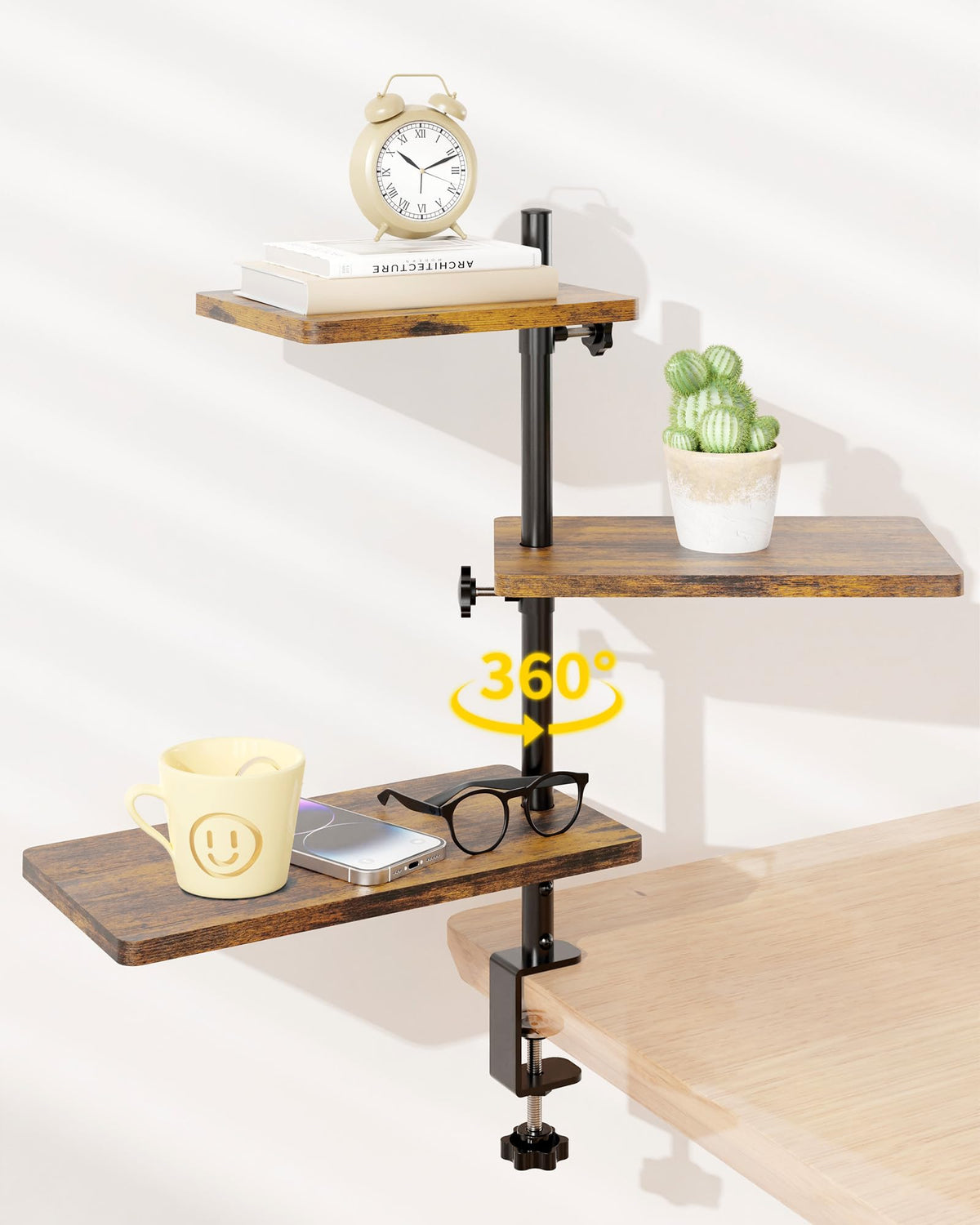 ART-GIFTREE 3 Tiers Clamp On Desk Shelf, 360° Angle Adjustable Desktop Shelf Organizer for Home