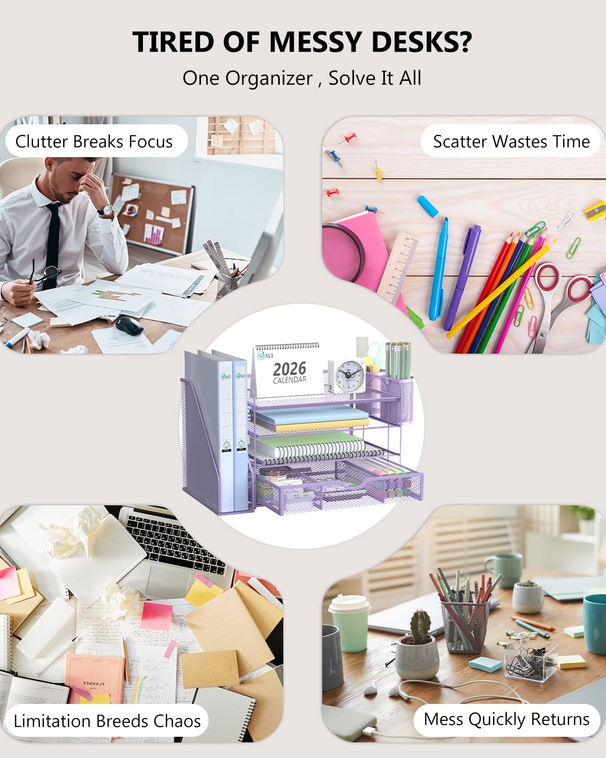 WALI Desk File Organizer, 4 Tier Desktop Paper Letter Tray Organizer with Drawer and 2 Pen Holders