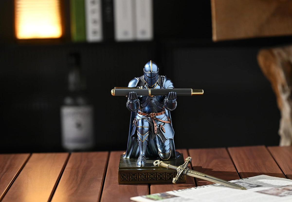 Medieval Armored Knight Pen Holder Figurine Paperweight Phone Stand Blue