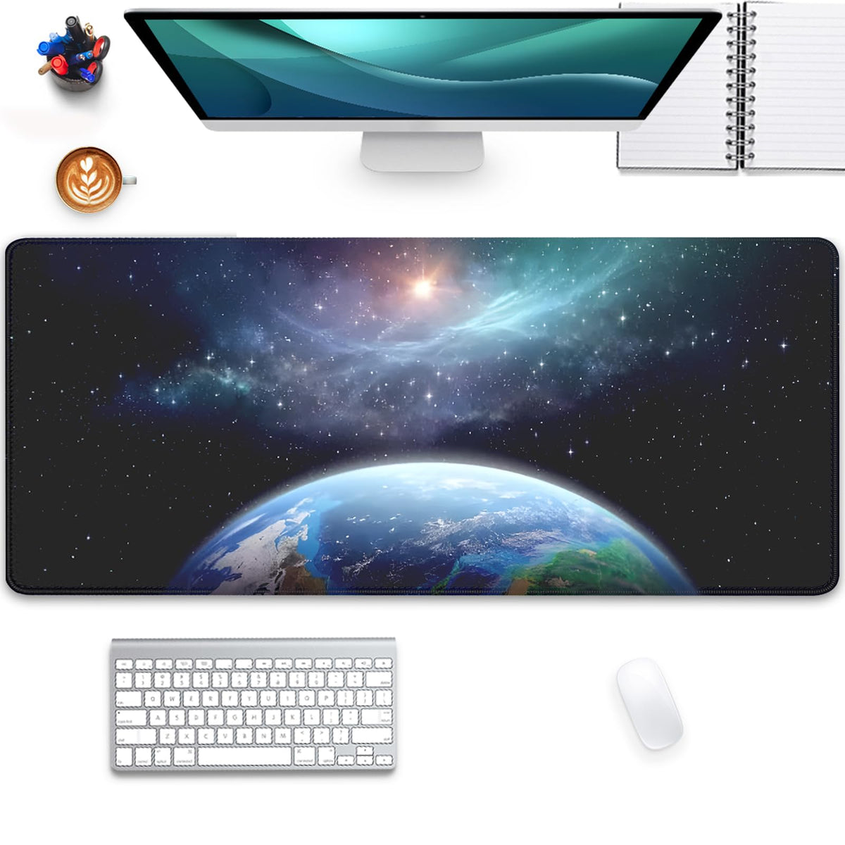 Earth and Starry Sky Large Desktop Mouse Pad, Desk Mat for Keyboard and Gaming, Office Home Work