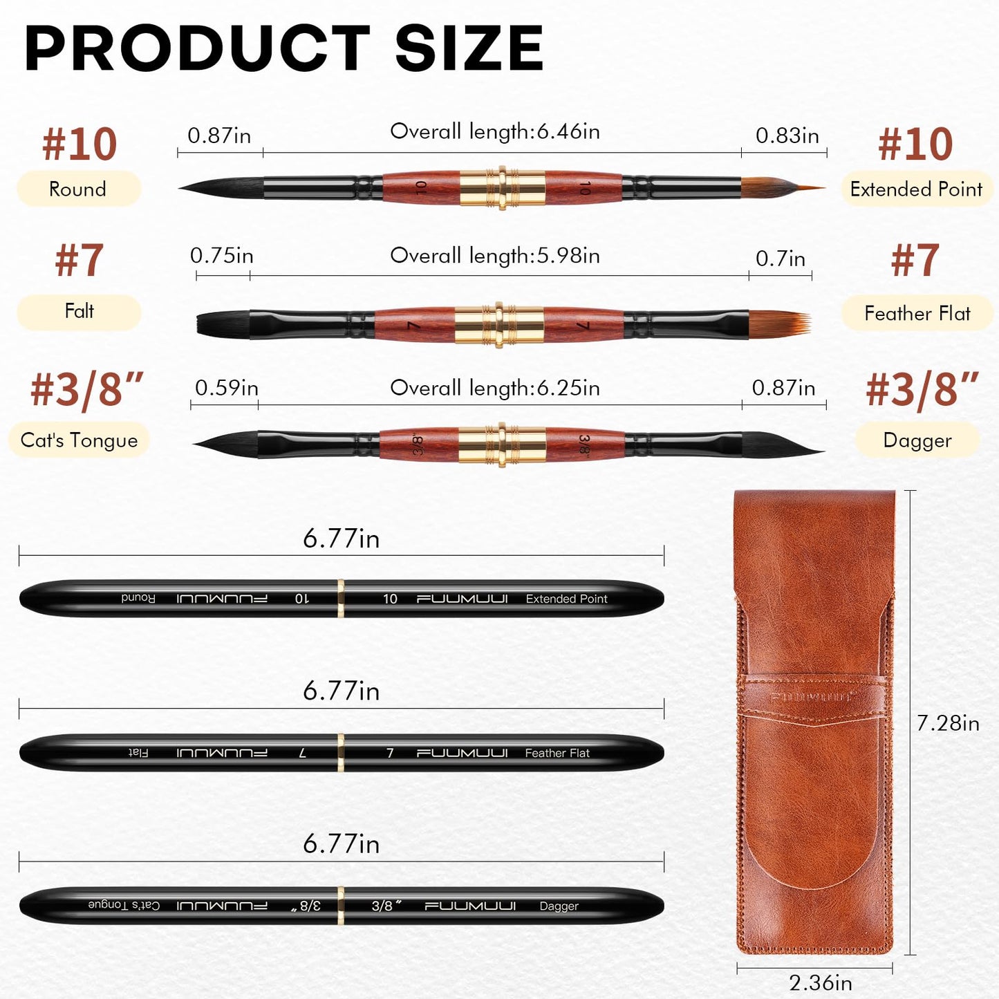 3pcs Dual-Tip Travel Watercolor Brushes - 6 Tip Styles, Fuumuui Sable Synthetic Squirrel Hair