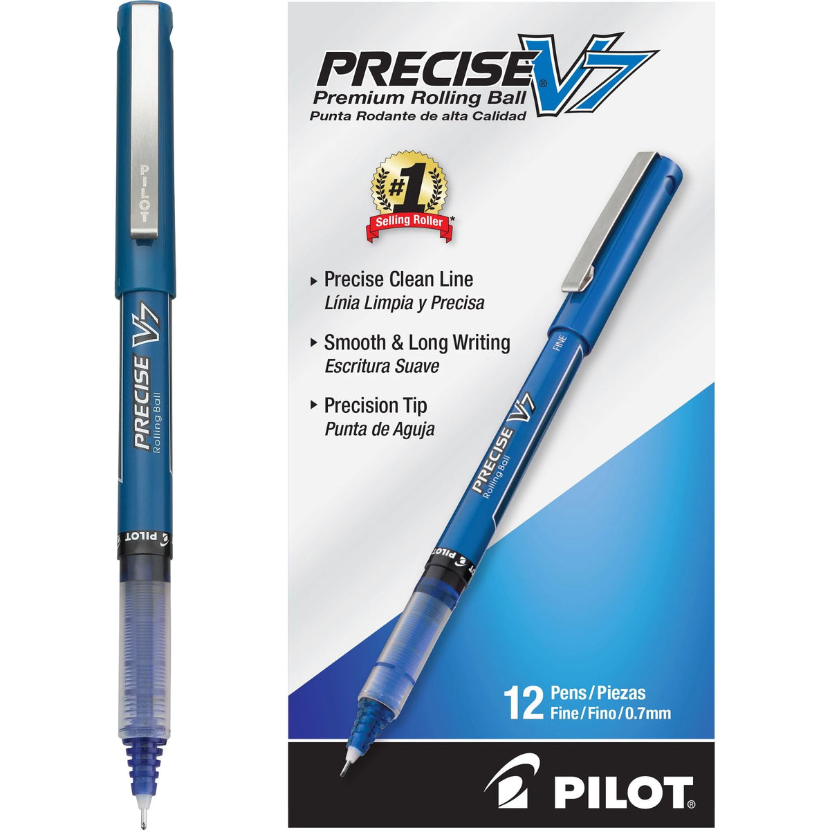 Pilot Precise V7 Stick Roller Ball Pen, Fine Point, 0.35 mm, Blue Barrel/Ink (35349), 12-Count