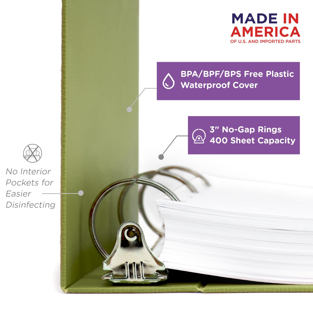 Carstens 3-Inch Heavy Duty 3-Ring Binder - Side Opening, Sage, Durable Plastic, Precision No-Gap