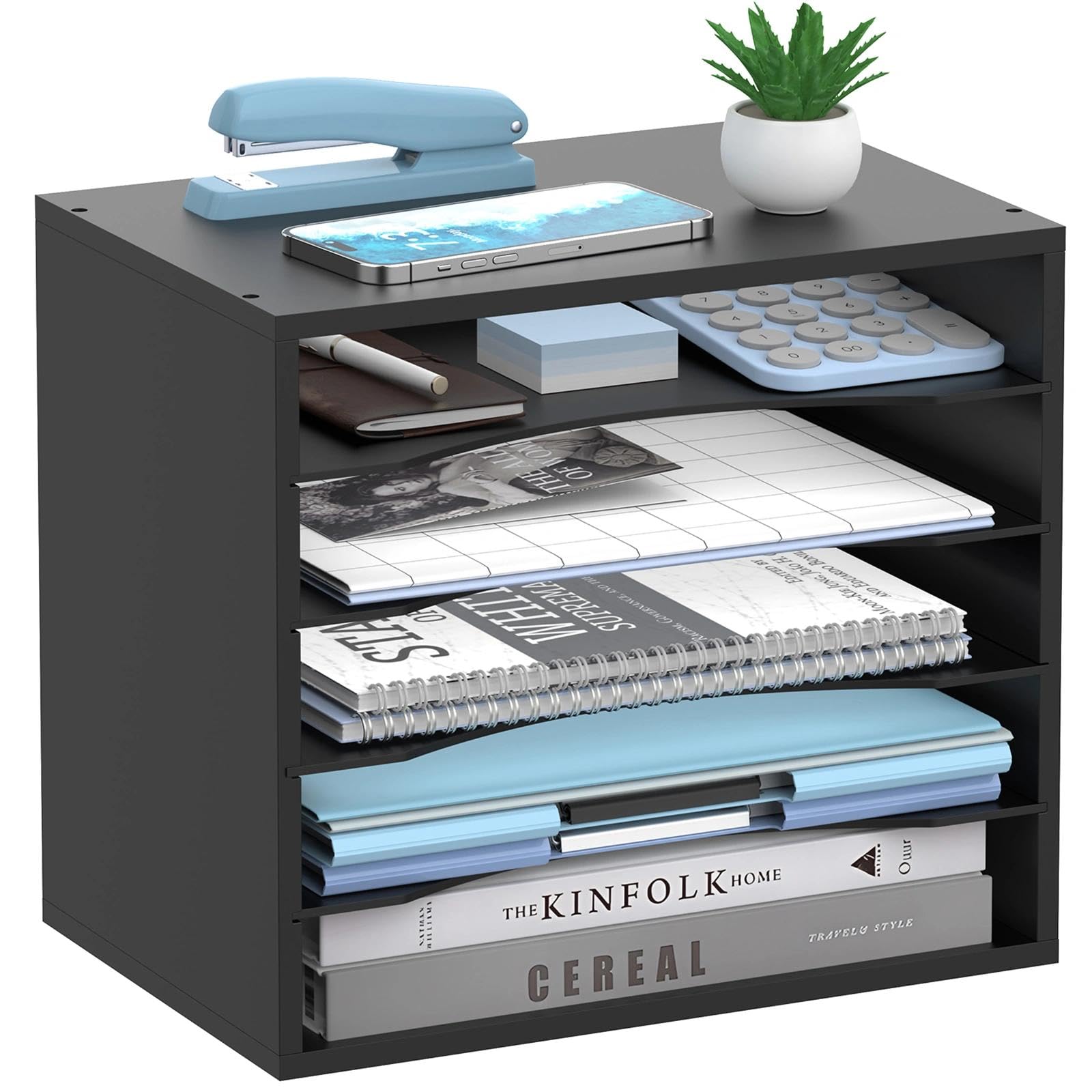 5-Tier Paper Organizer for Desk, Adjustable Mail Organizer, Black