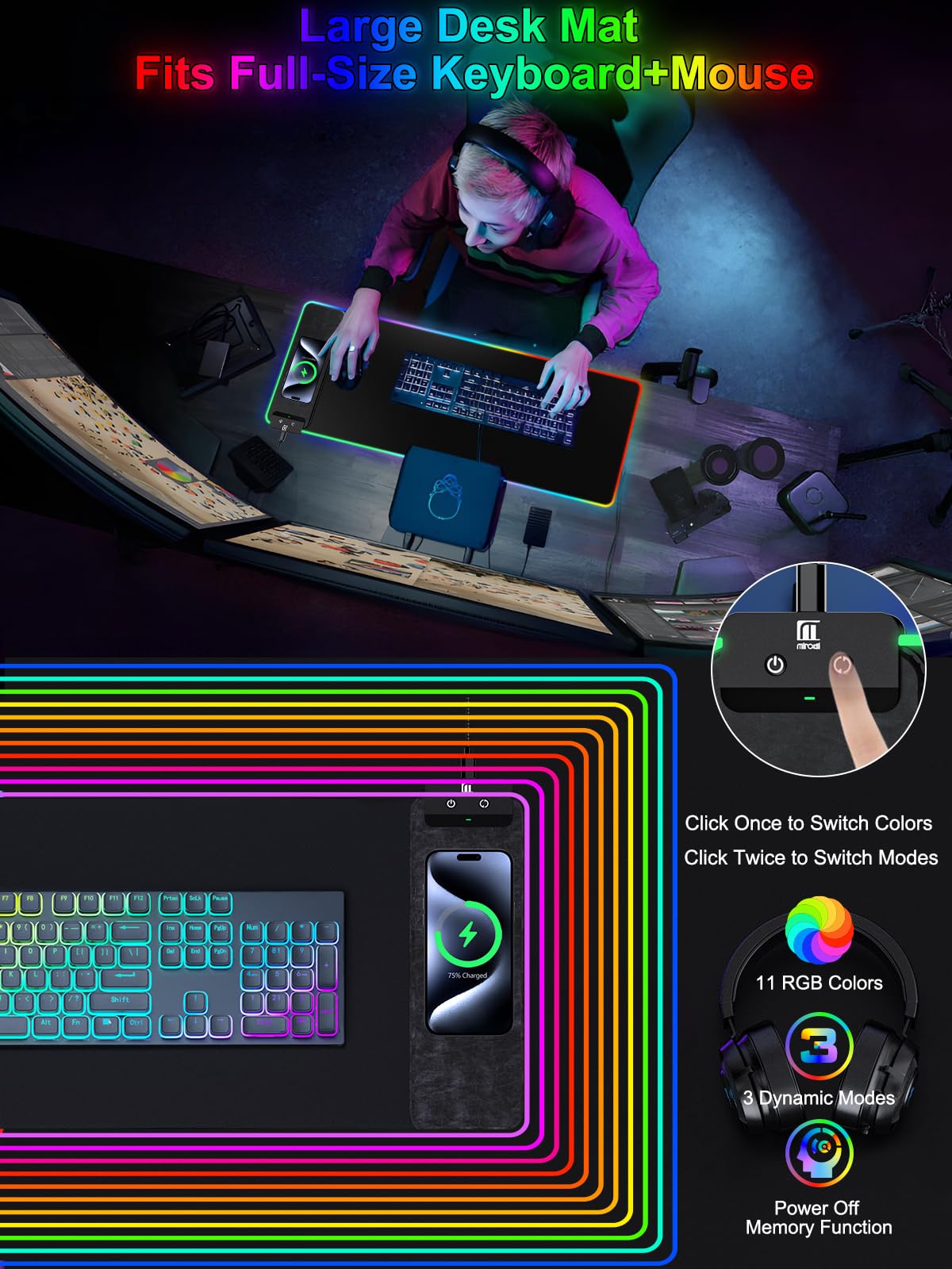 Mouse Pad with Wireless Charging, Large Desk Mat RGB Gaming Mousepad, 10 Light Colors LED Gaming