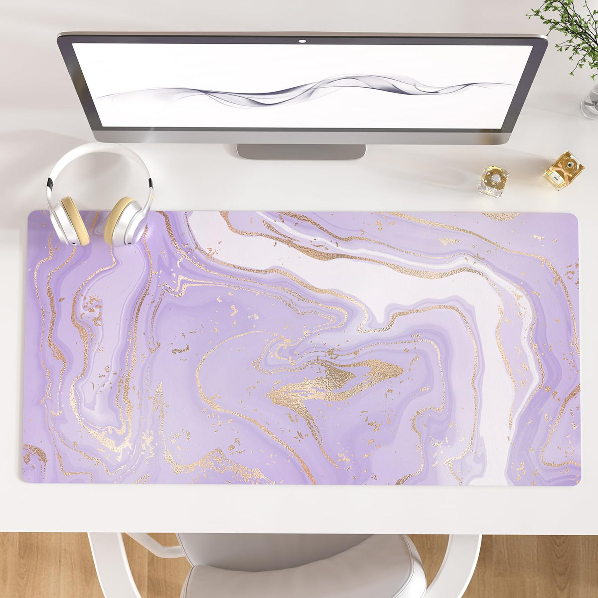 Faux Leather Large Mouse Pad, Office Desk Mat, 31.5"x15.7", Violet Marble