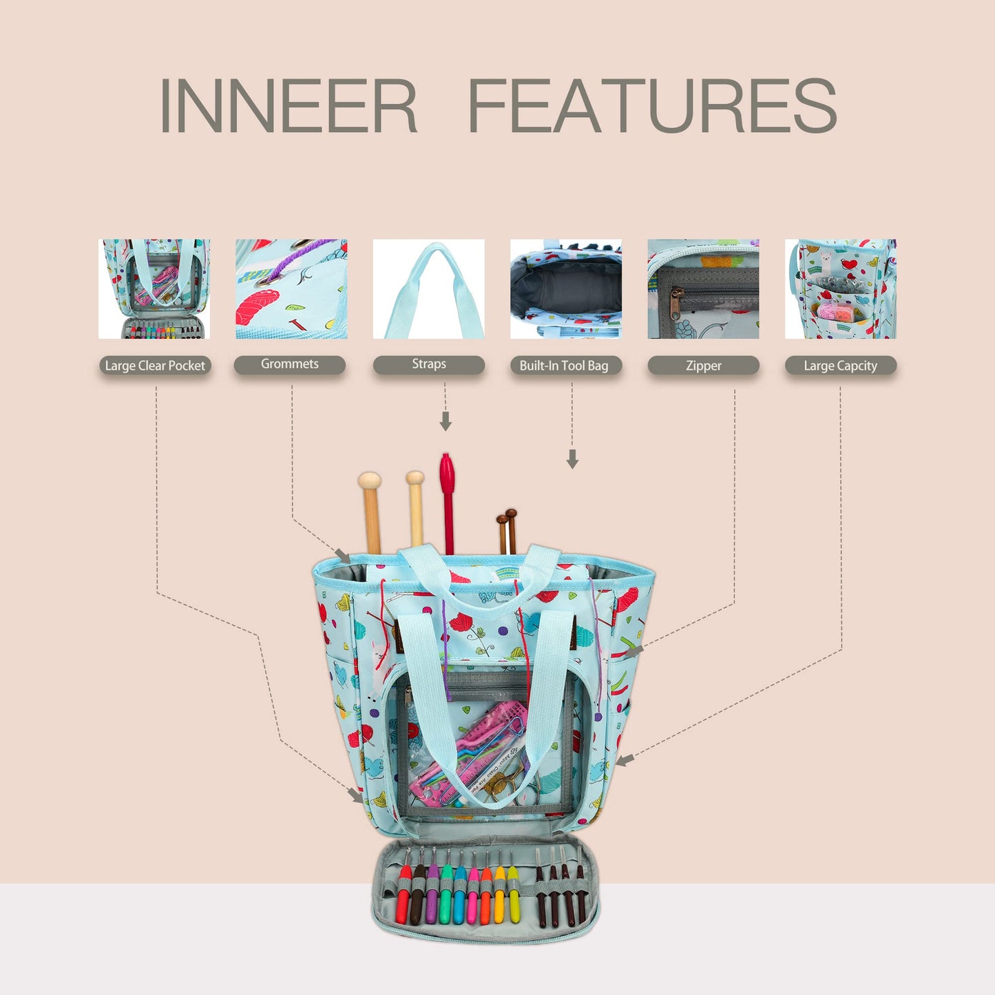 LOOEN Yarn Knitting Storage Tote-Large Capacity Crochet Organizer Portable Travel Bag with Shoulder