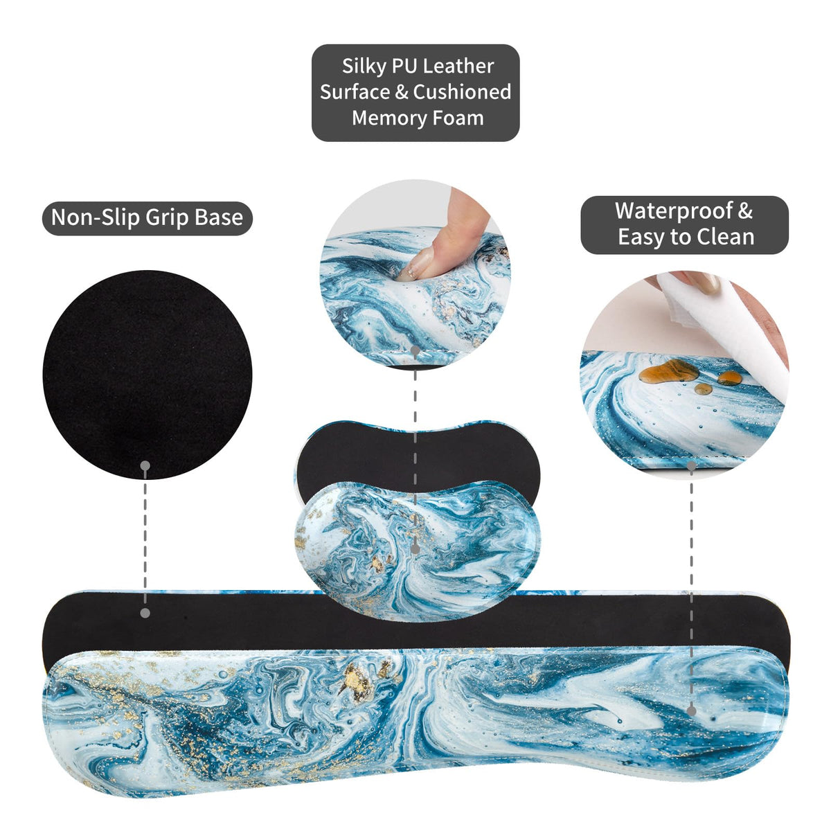 QIYI PU Leather Desk Mat Set, 4-in-1 Ergonomic Wrist Rest, Blue Marble