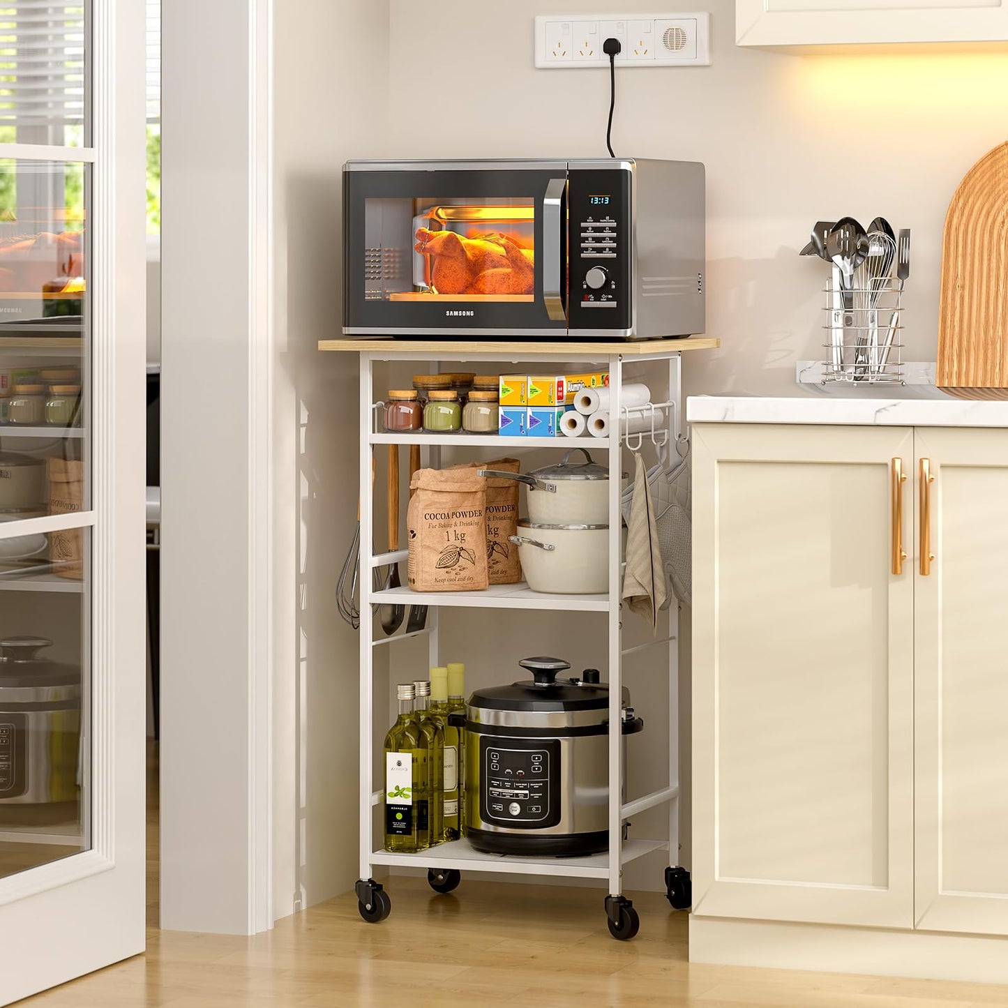 ThreeHio Rolling Kitchen Microwave Cart, 4 Tier Microwave Table Stand with Storage, Kitchen Storage