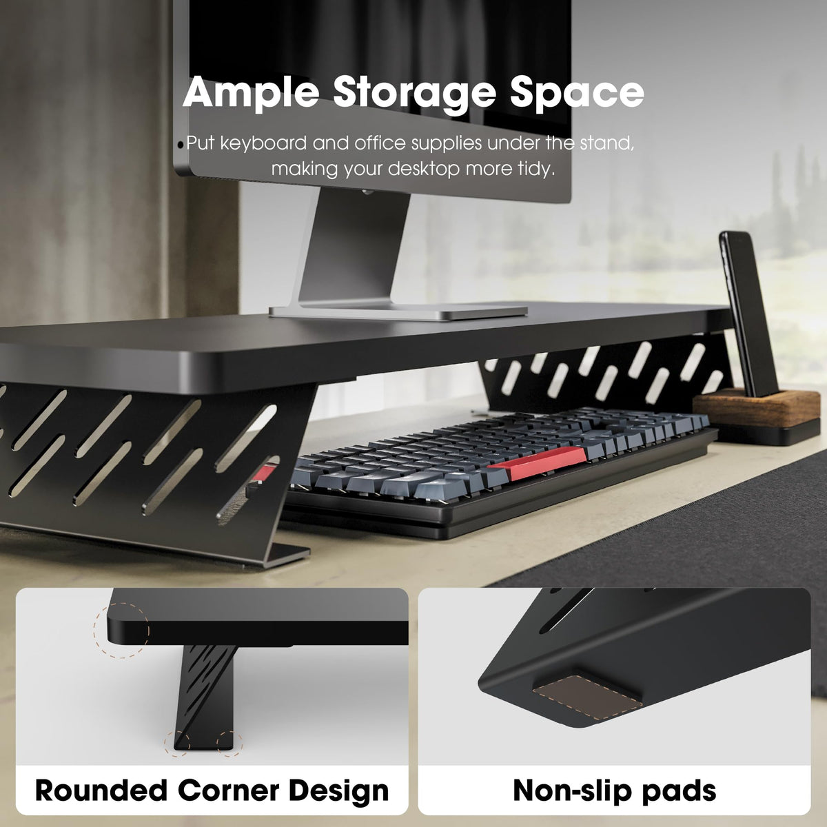 Fenge Monitor Stand Riser, Wooden & Metal Desk Shelf Organizer, Black