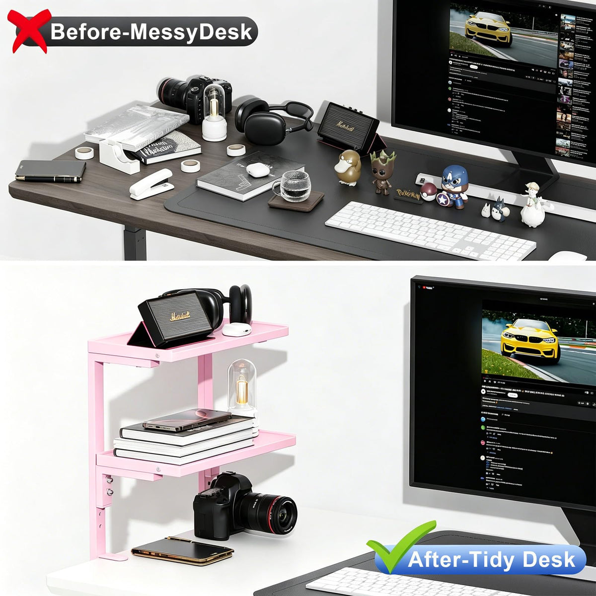 Spacrea Clamp on Desk Shelf, 2 Tier Office Desk Shelves Organizer, Wood Desktop Supplies Storage