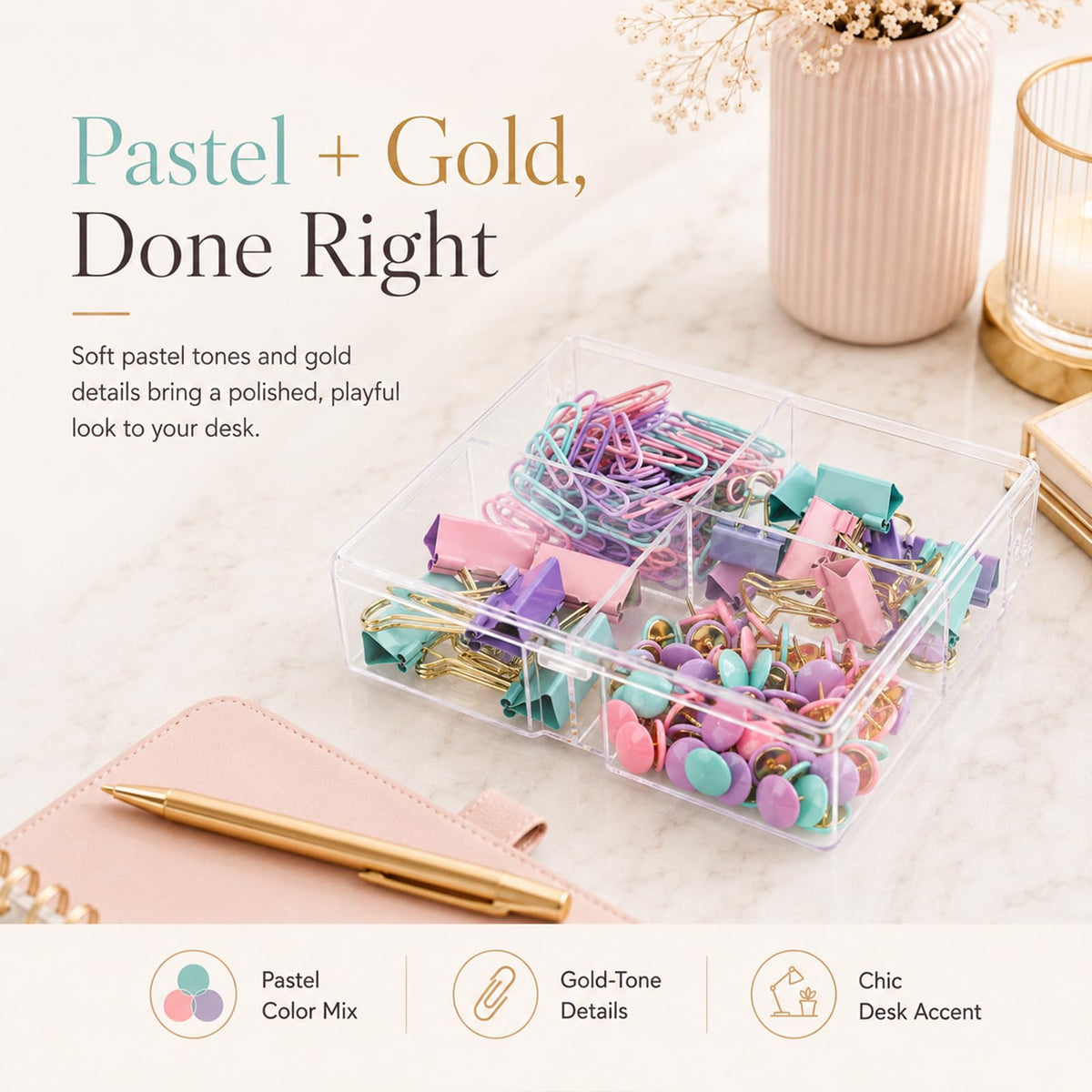Creechwa Paper Clips and Binder Clips Push Pin Set, Assorted Size Clip