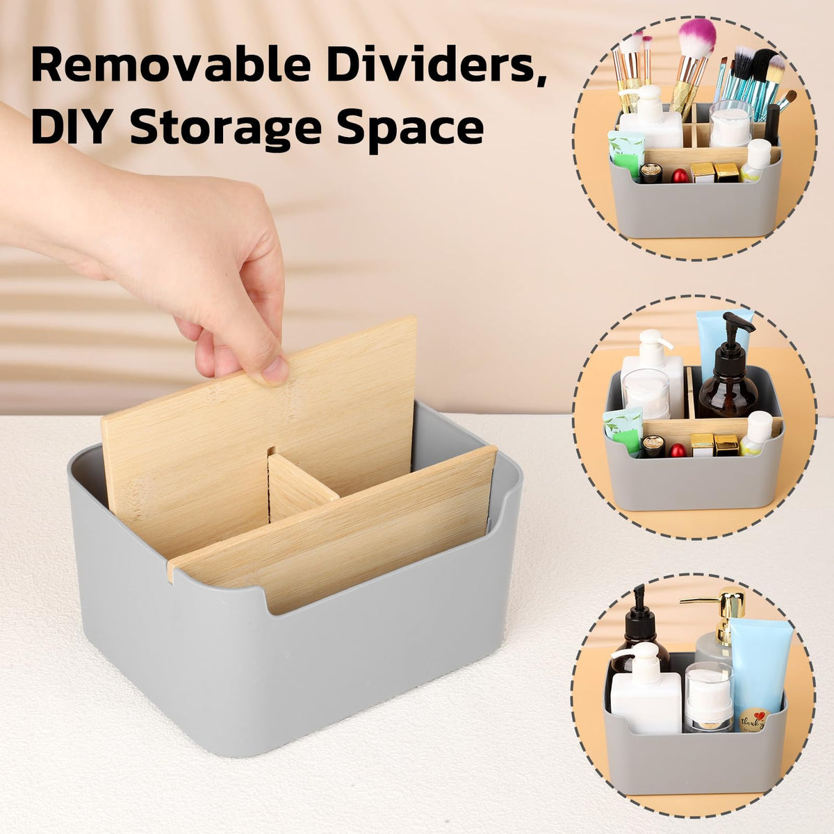 Segarty Gray Desk Storage Organizer, Detachable Divided Bamboo Remote Control Holder Caddy, Desktop
