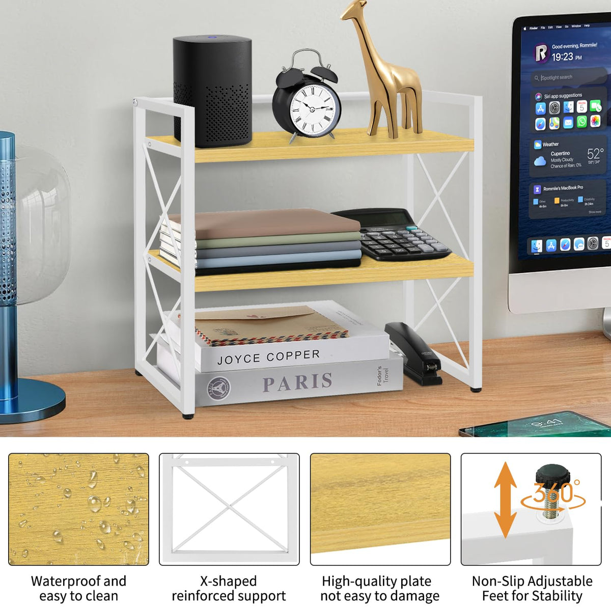 YINMIT Desktop Shelf Organizer, 2 Tier Office Shelves, Wood Desk Organizer Storage Rack and