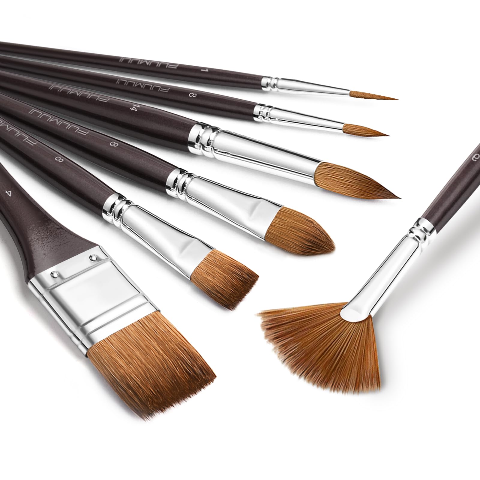 Sable Watercolor Brushes Professional, Fuumuui 7Pcs Sable Brush Set Variety Shapes with Flat, Round