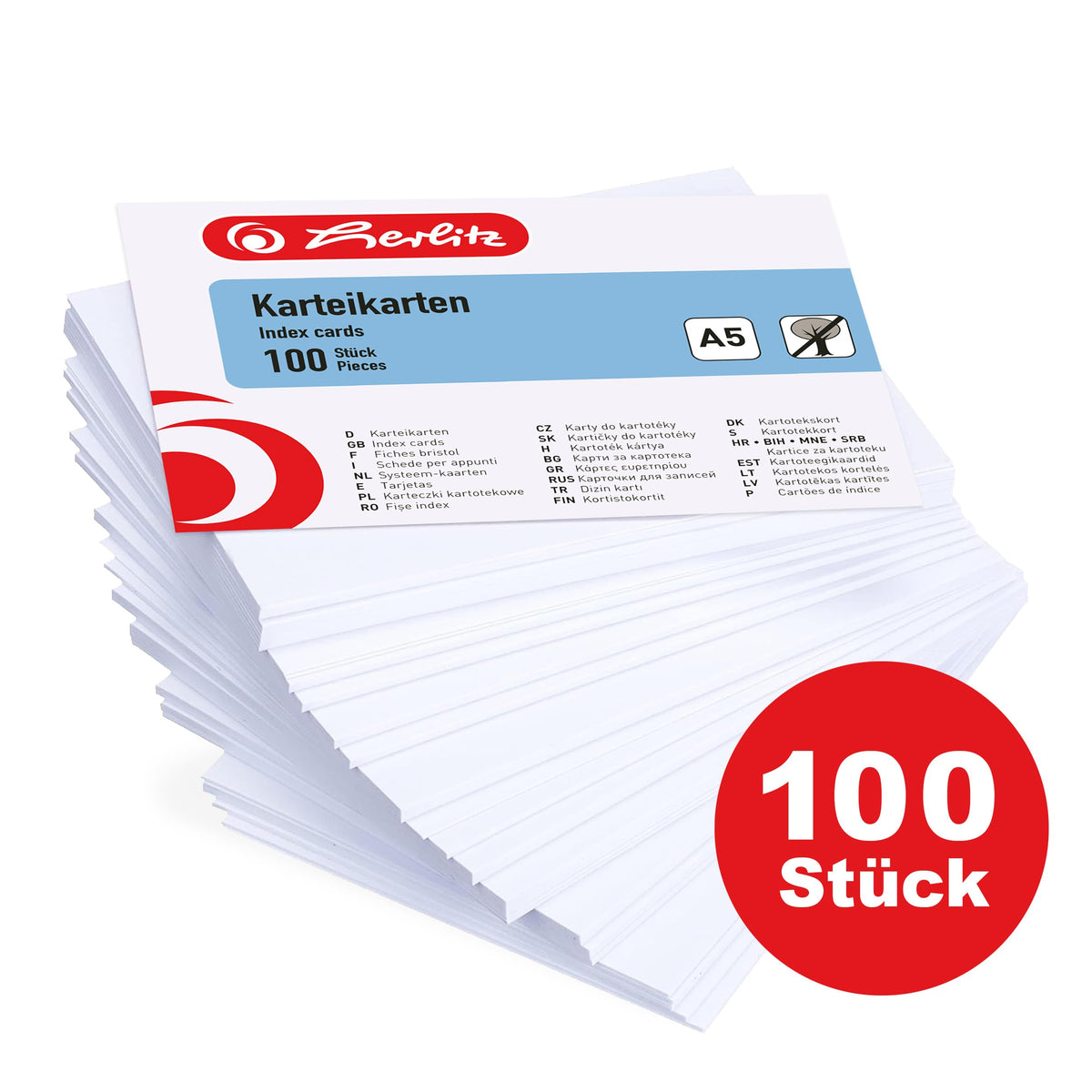 Herlitz-10621308- Index Cards A5, Shrink Wrapped with Perforations, Plain, White, 100 Pack